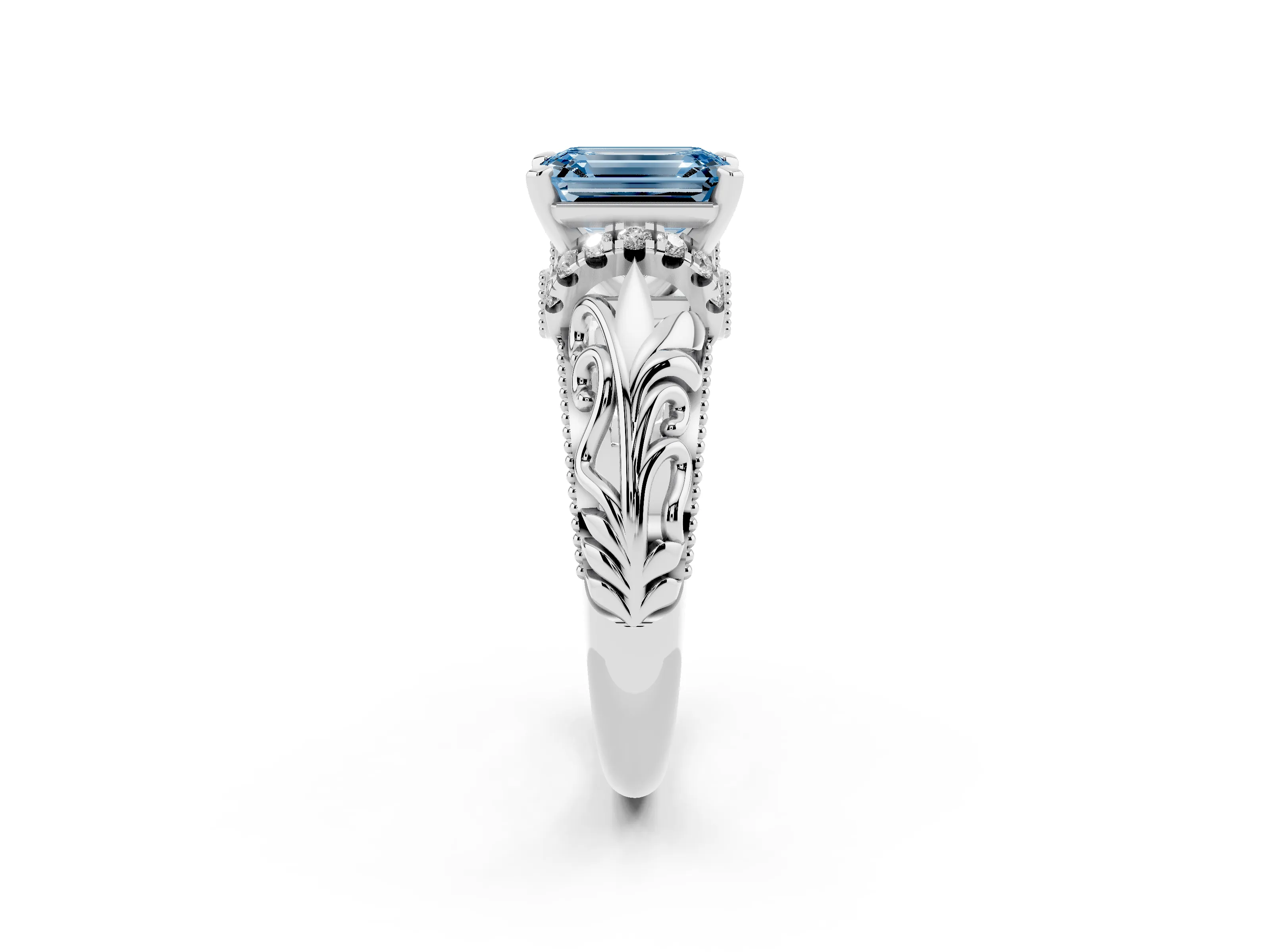 Fancy Blue Emerald Cut Diamond Filigree Halo Engagement Ring Set in Platinum with Prong Setting