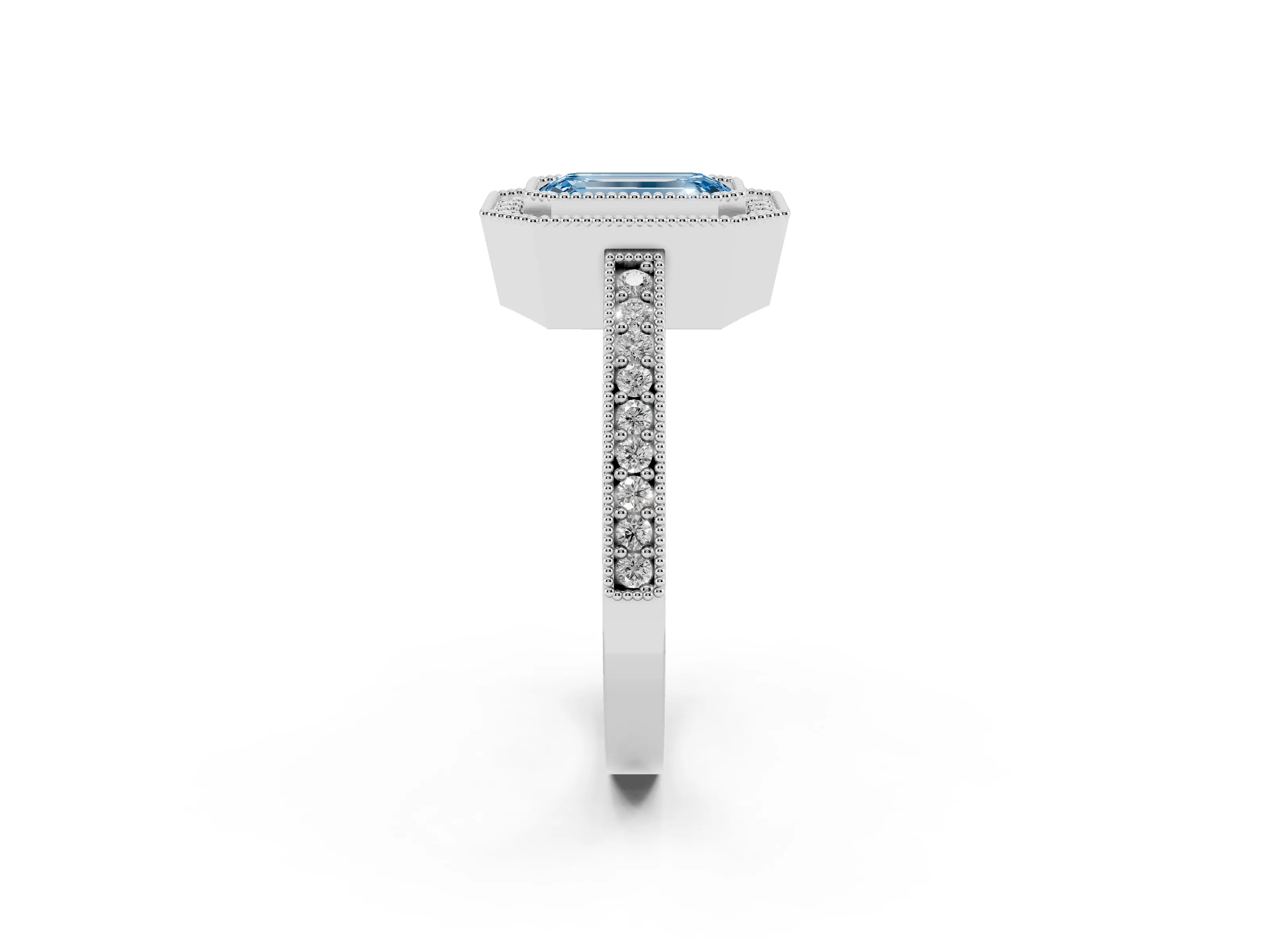 Fancy Blue Emerald Cut Diamond Halo Engagement Ring Set in White gold with Pavé Band and Round Halo Stones