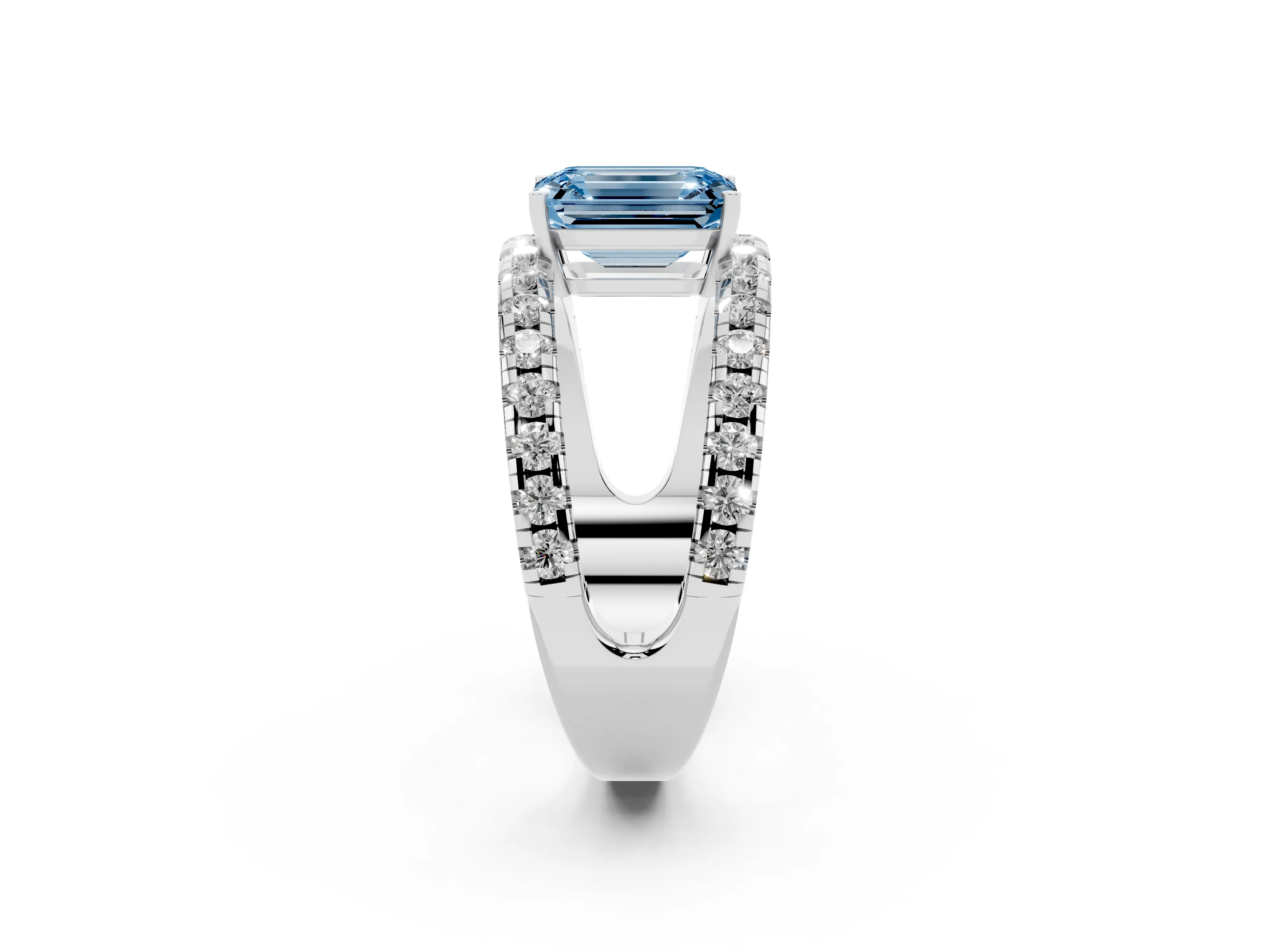 Fancy Blue Emerald Cut Diamond Split Shank Pavé Solitaire Ring Set in Silver with Open Shank Design