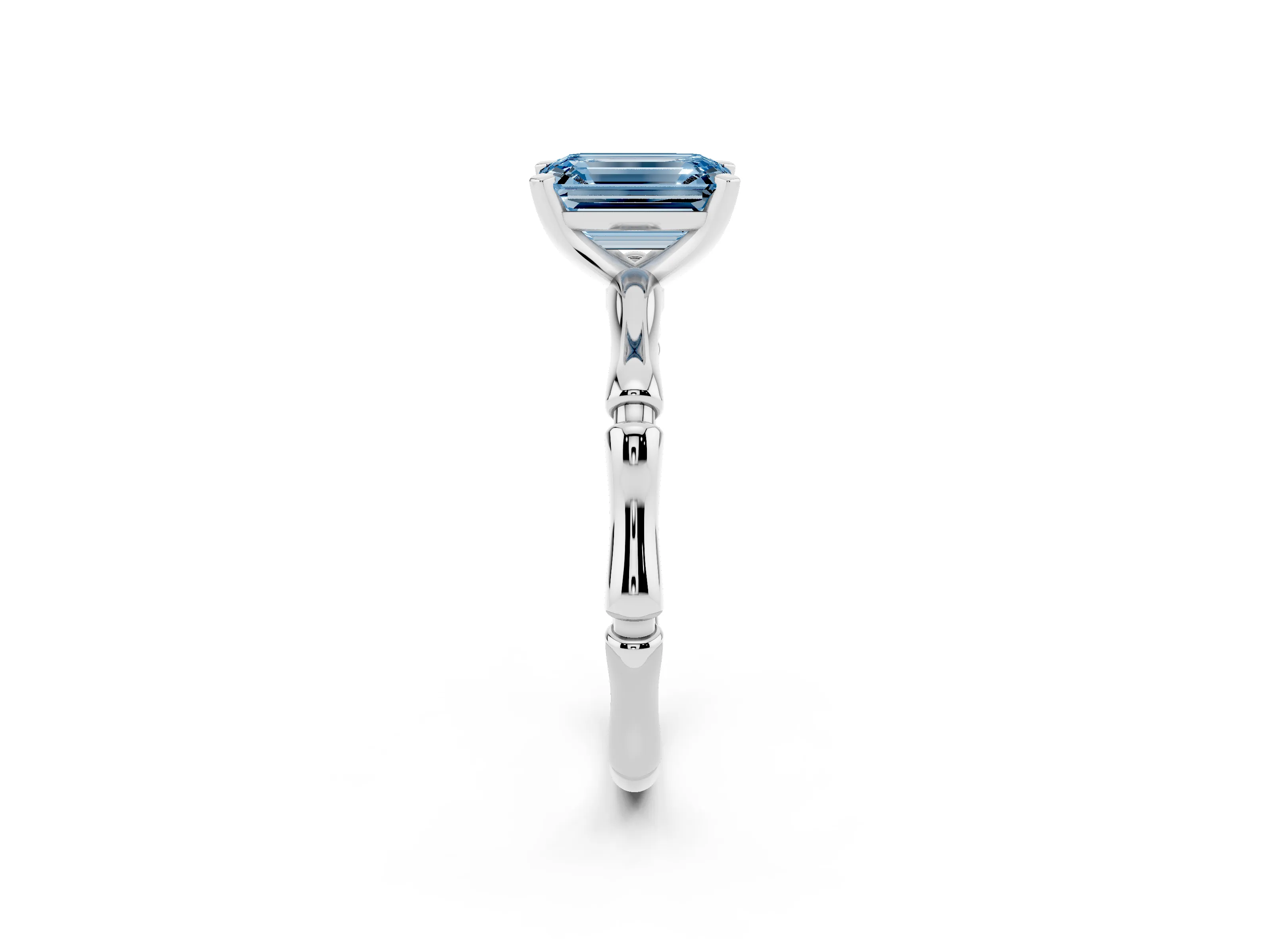 Fancy Blue Emerald Cut Diamond Solitaire Ring Set in Silver with Bamboo Band and Prong Setting