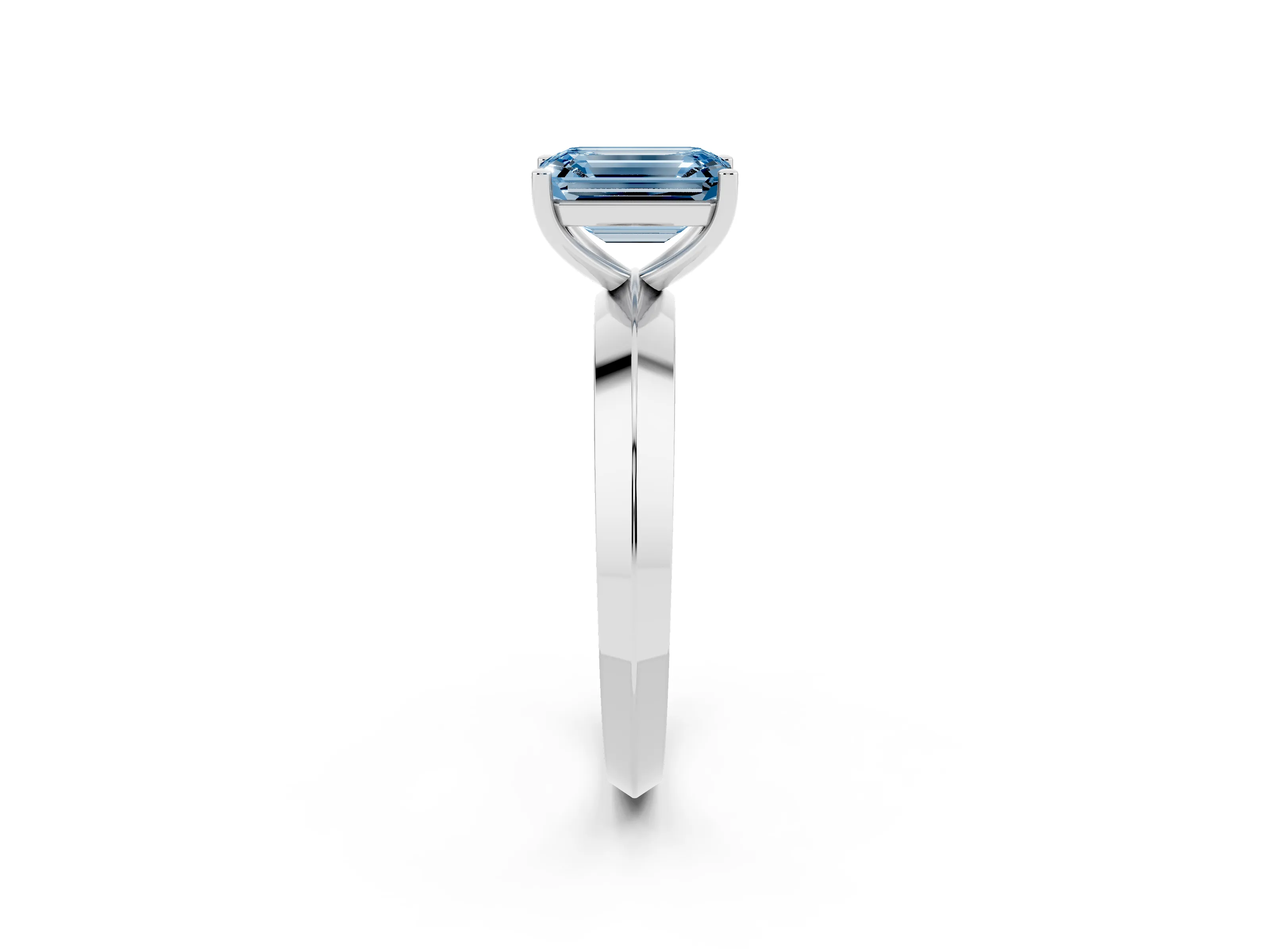 Fancy Blue Emerald Cut Diamond Solitaire Engagement Ring Set in Silver with Flat Band and Prong Setting