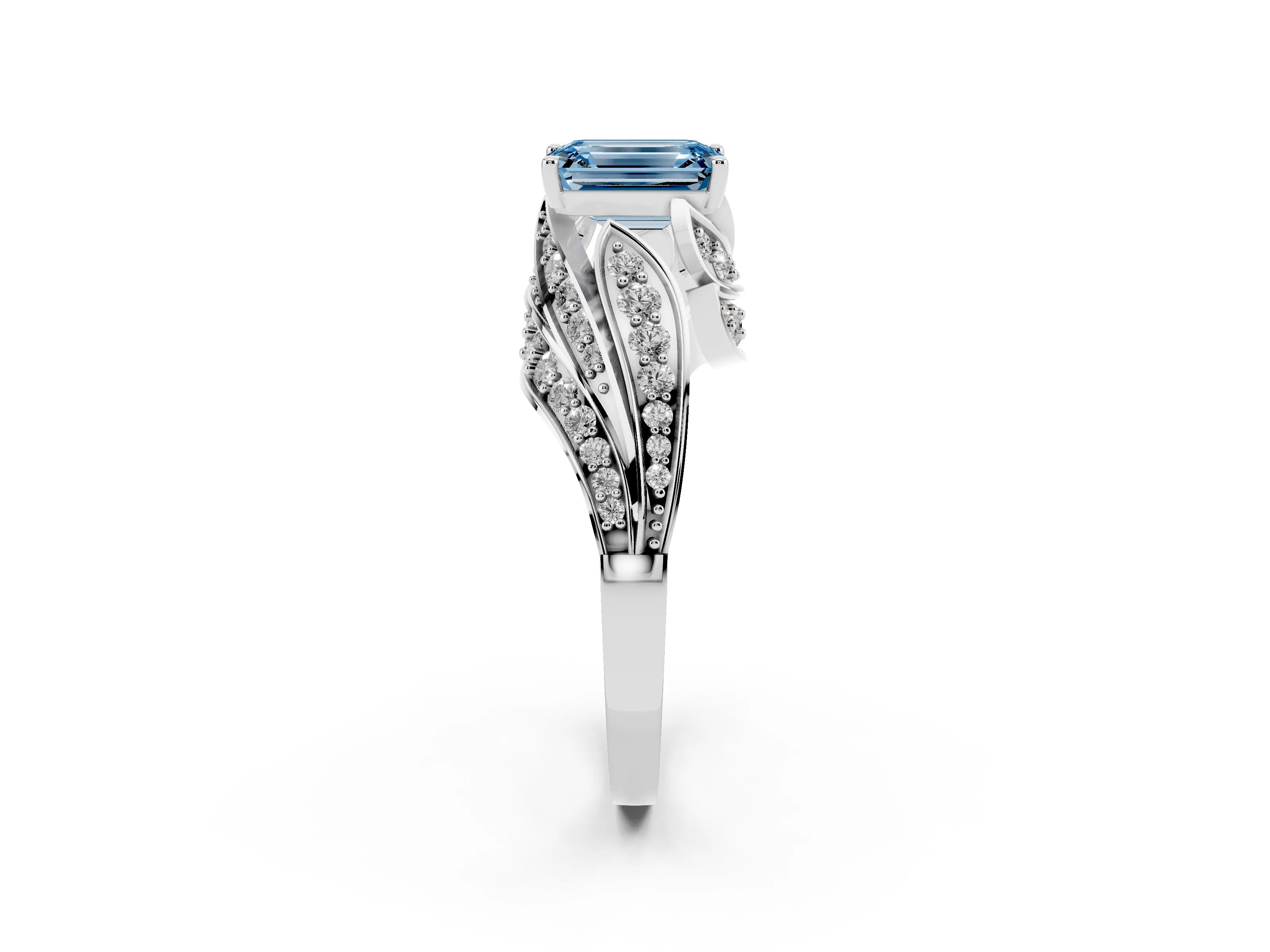 Fancy Blue Emerald Cut Diamond Solitaire Ring Set in Silver with Layered Twist Pavé Band