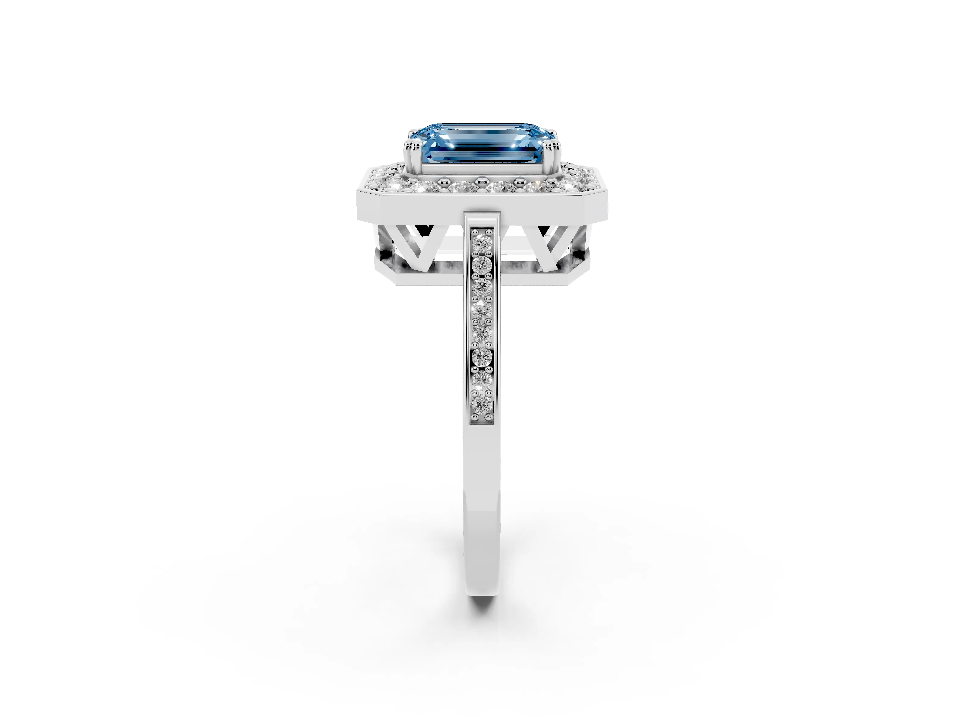Fancy Blue Emerald Cut Diamond Halo Ring Set in Platinum with Accent-Lined Split Shank and Prong Setting