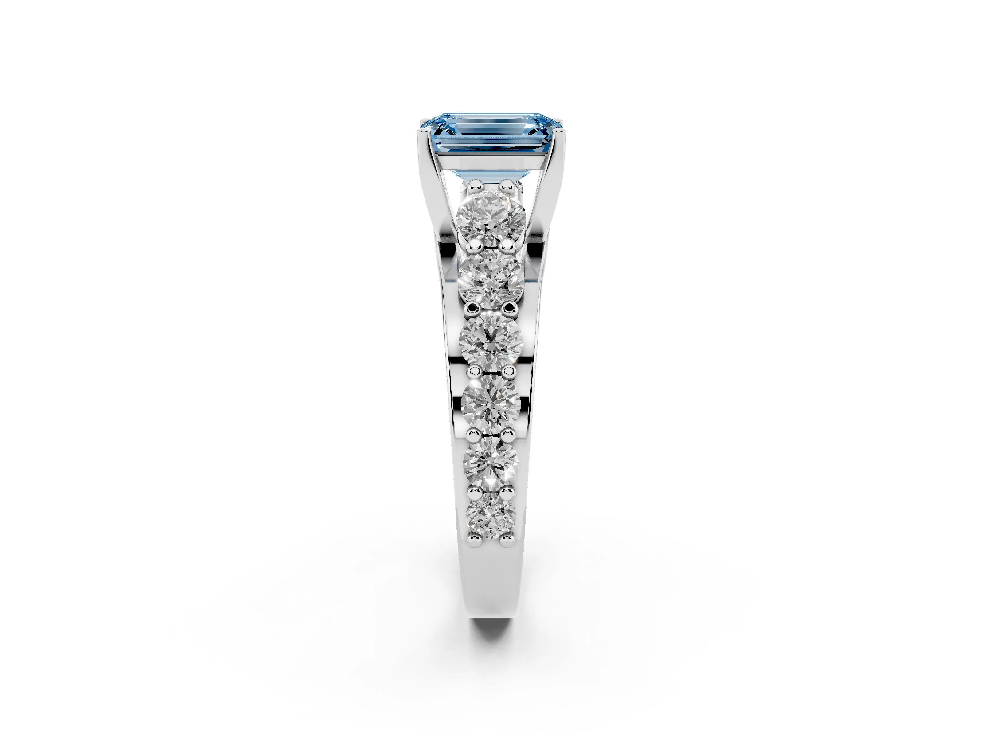 Fancy Blue Emerald Cut Diamond Pavé Engagement Ring Set in Platinum with Prong Setting