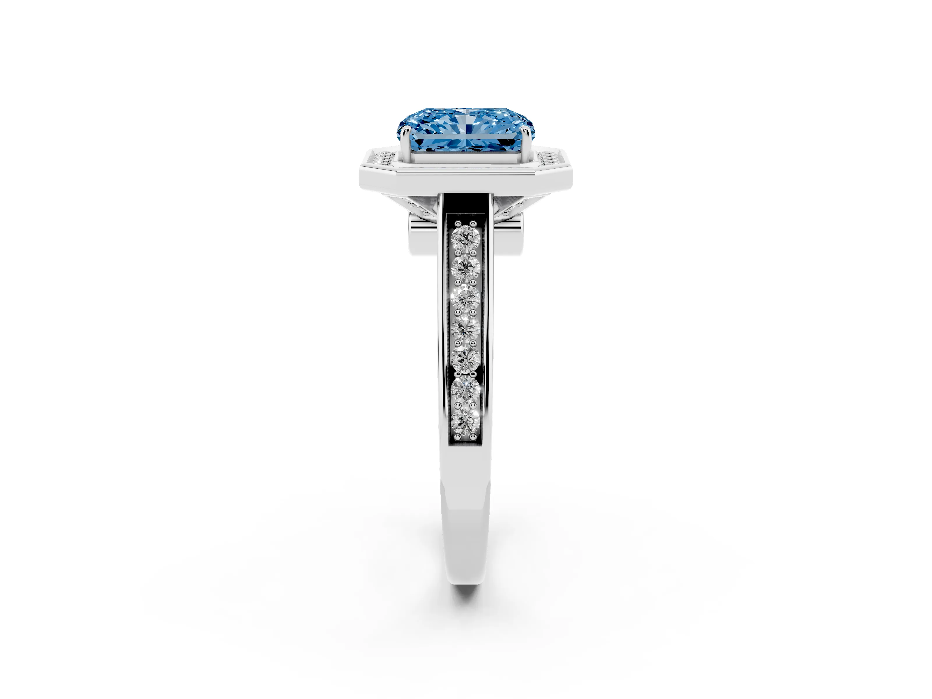 Fancy Blue Emerald Cut Diamond Halo Solitaire Ring Set in White gold with Pavé Band and Bezel Setting