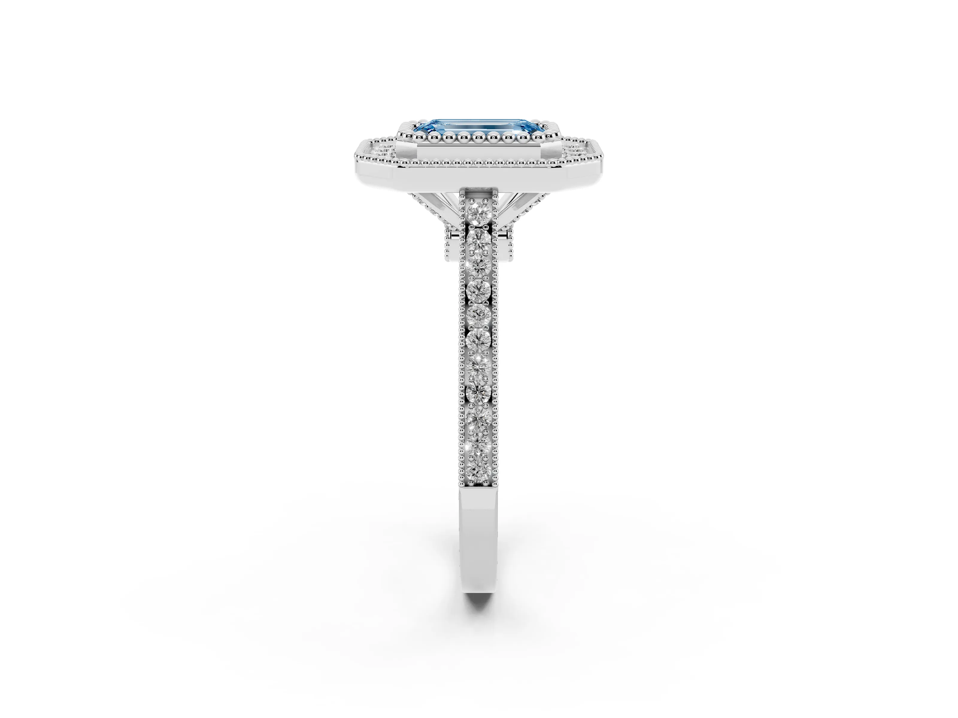 Fancy Blue Emerald Cut Diamond Halo Ring Set in White gold with Milgrain Frame and Pavé Band