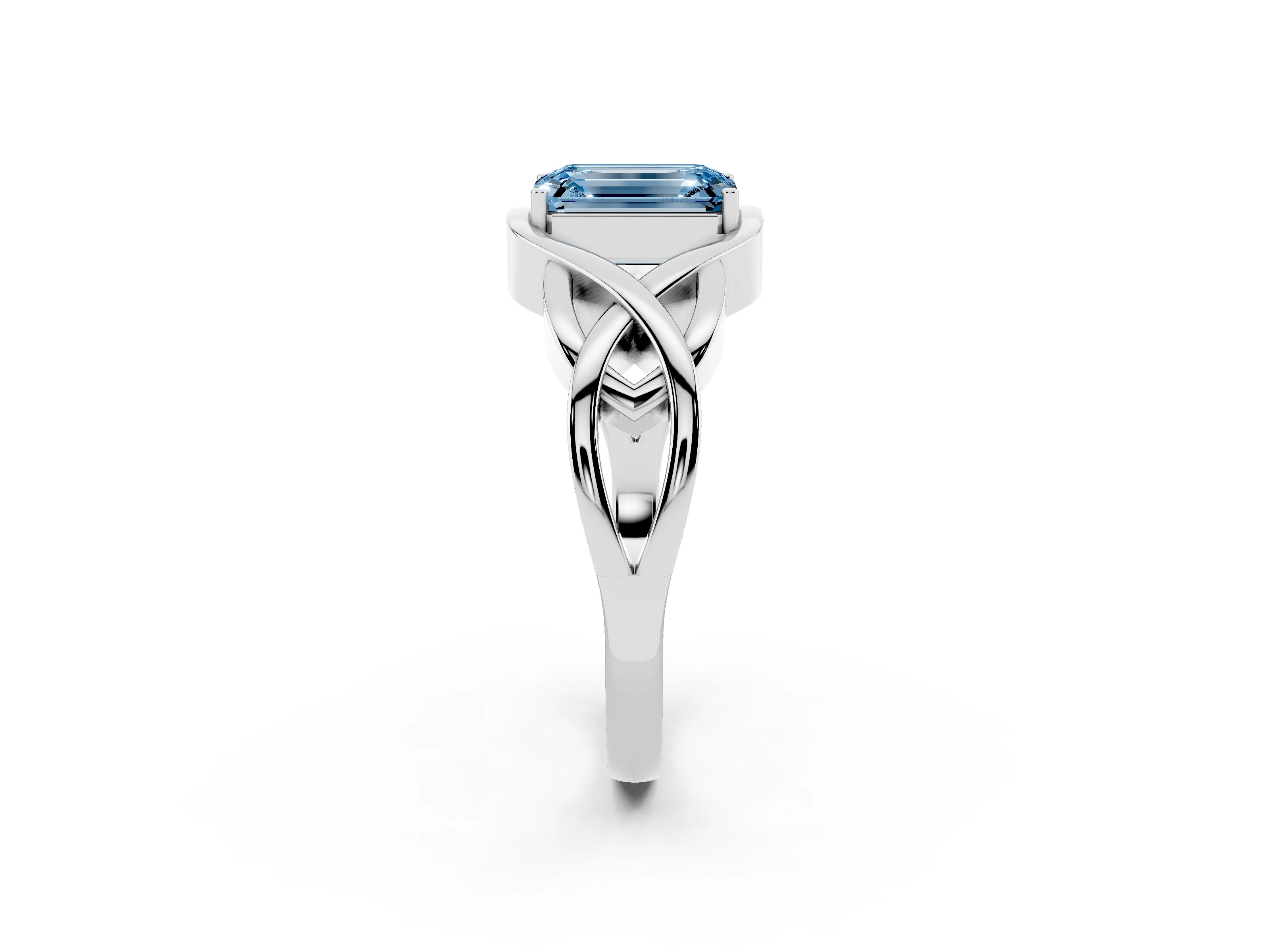 Fancy Blue Emerald Cut Diamond Solitaire Ring Set in Platinum with Intertwined Band