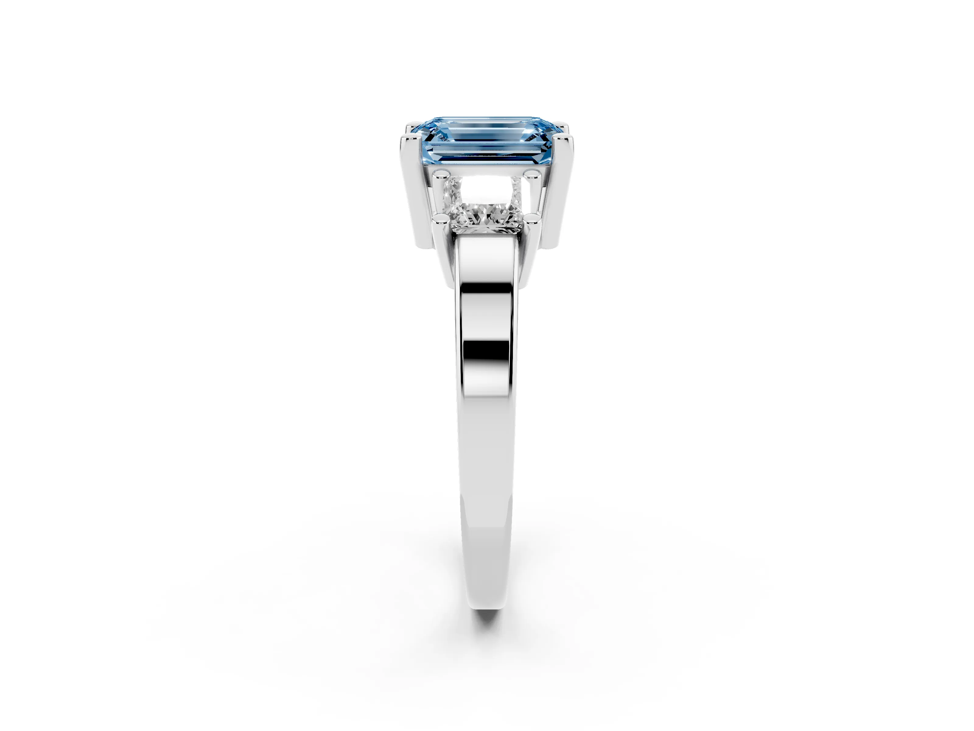 Fancy Blue Three-Stone Emerald Cut Diamond Solitaire Ring Set in Platinum with Prong Setting