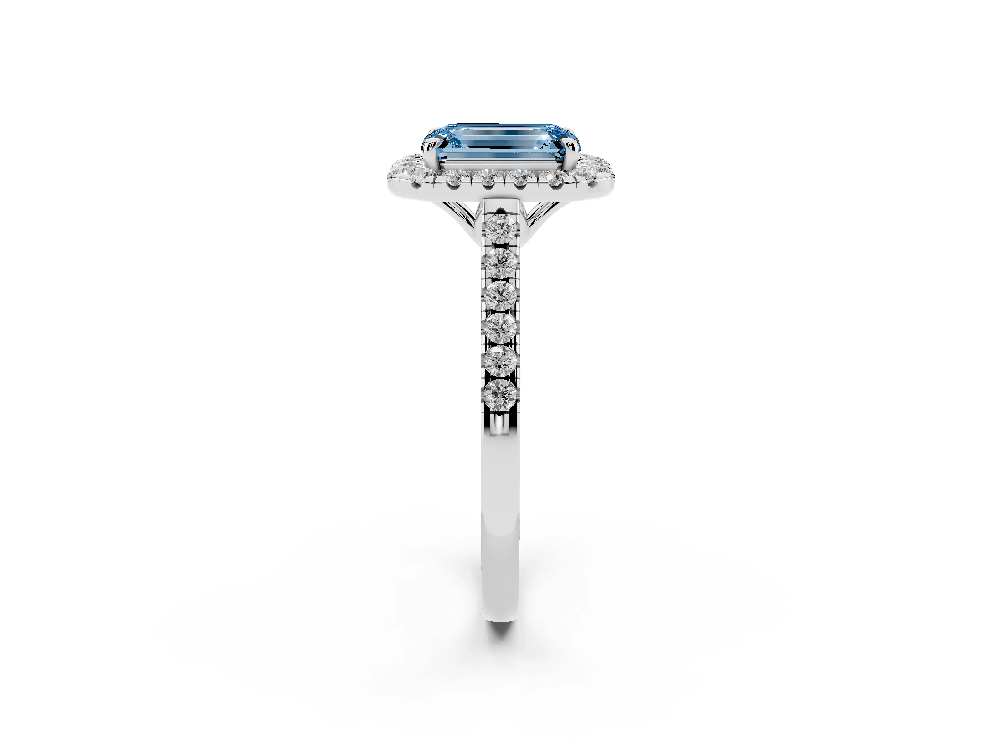 Fancy Blue Emerald Cut Diamond Pavé Halo Engagement Ring Set in White gold with Pavé Band and Prong Setting