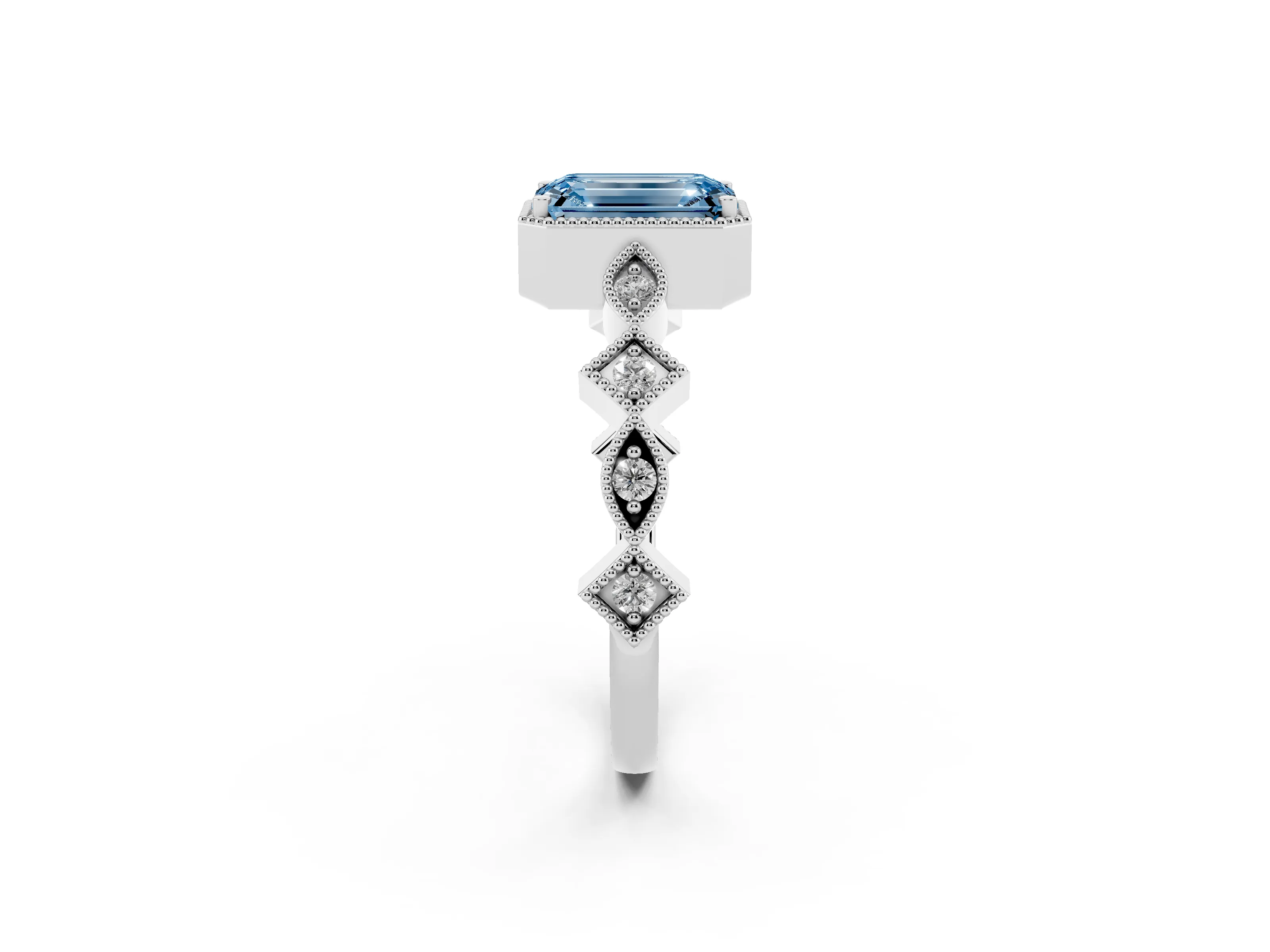 Fancy Blue Emerald Cut Diamond Milgrain Marquise Twist Band Ring Set in White gold with Prong Setting