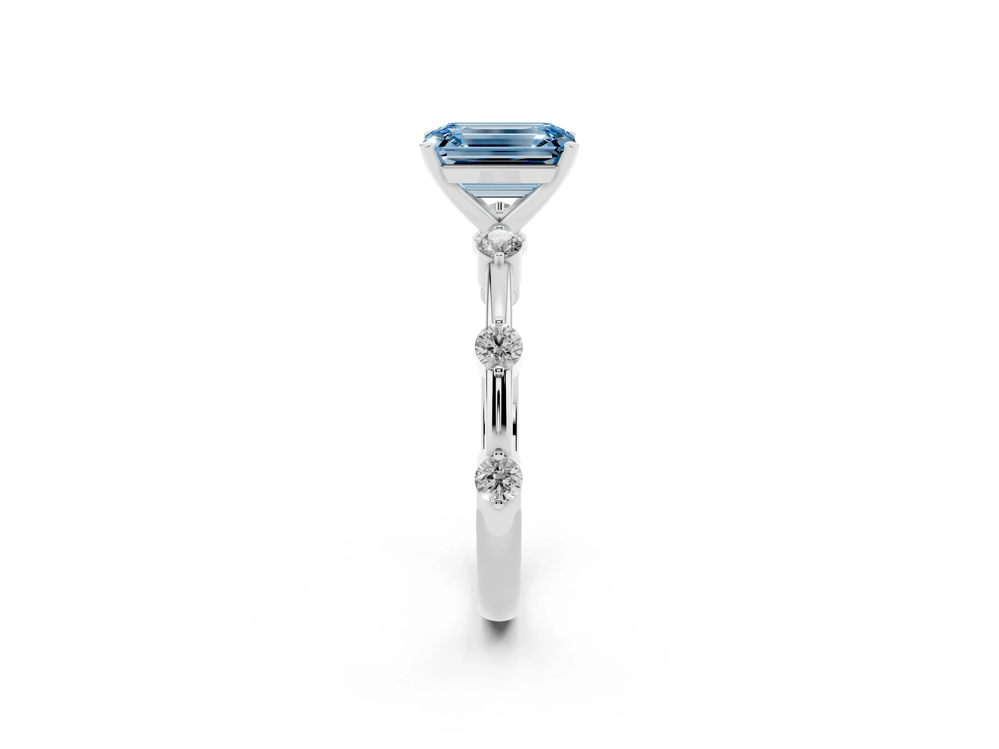 Fancy Blue Emerald Cut Diamond Solitaire Ring Set in White gold with Bezel Set Side Stones and Prong Setting