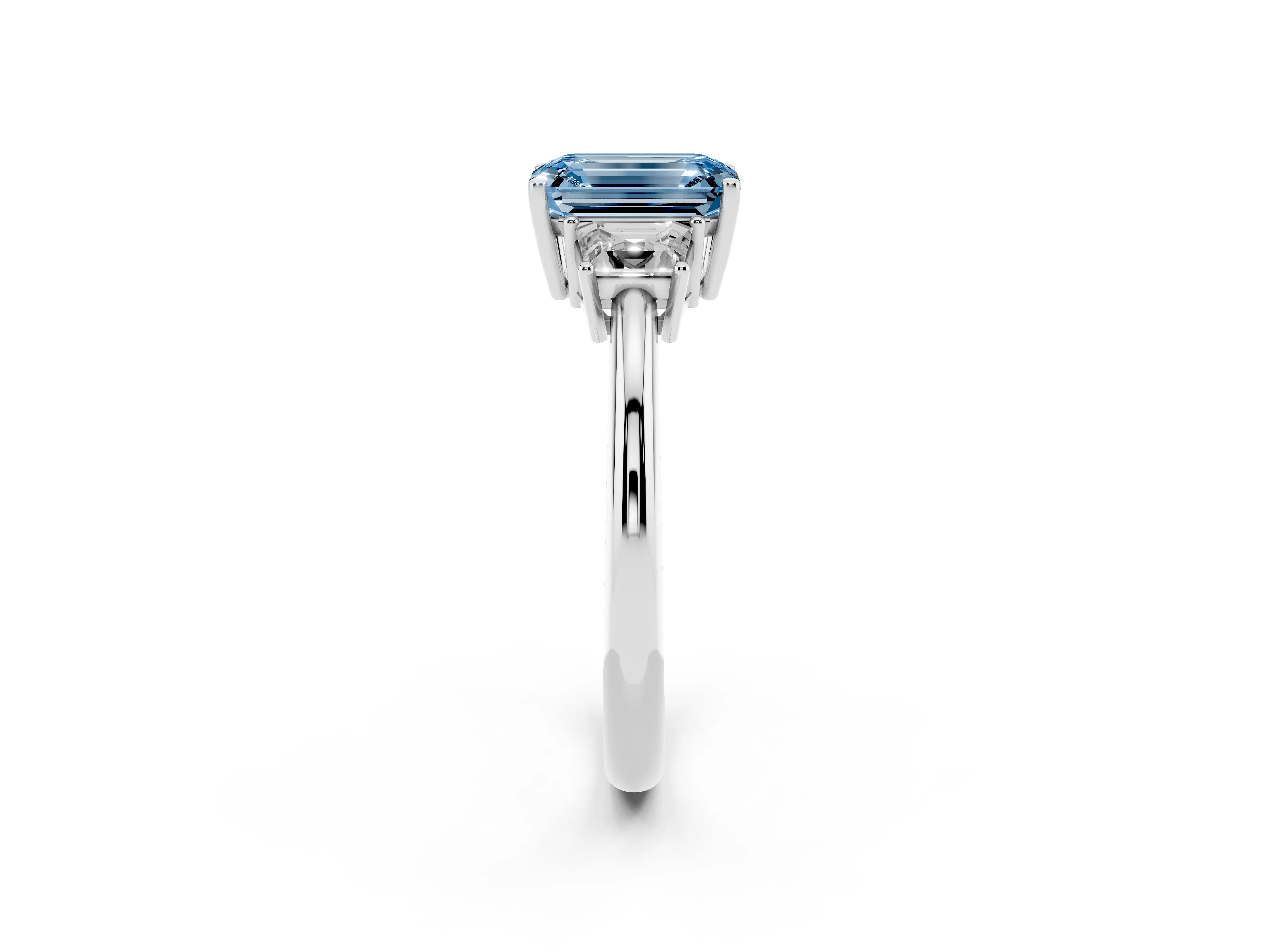 Fancy Blue Emerald Cut Diamond Three-Stone Ring Set in Silver with Trapezoid Side Stones and Prong Setting