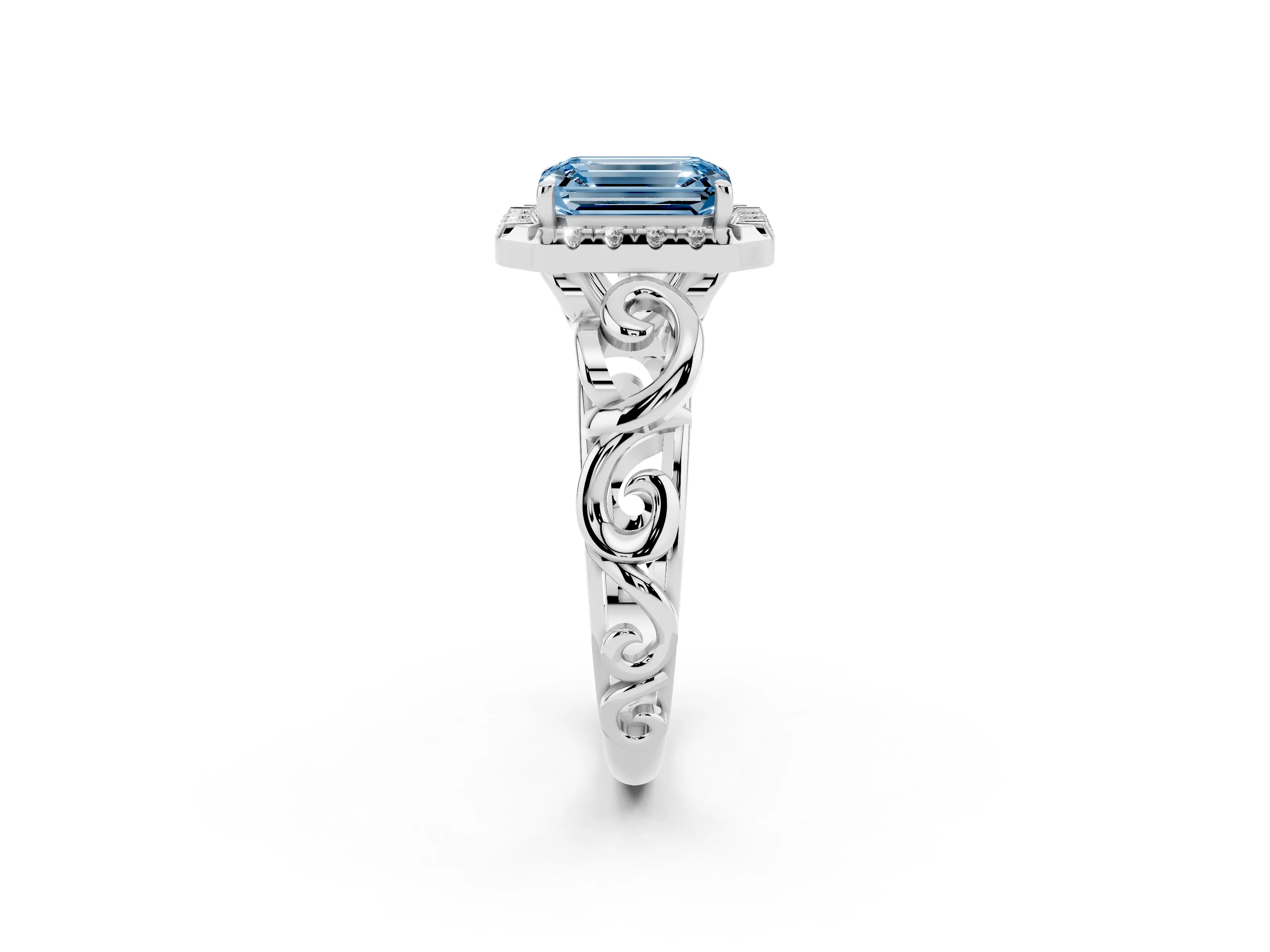 Fancy Blue Emerald Cut Diamond Halo Ring Set in Platinum with Scrollwork Band and Prong Setting