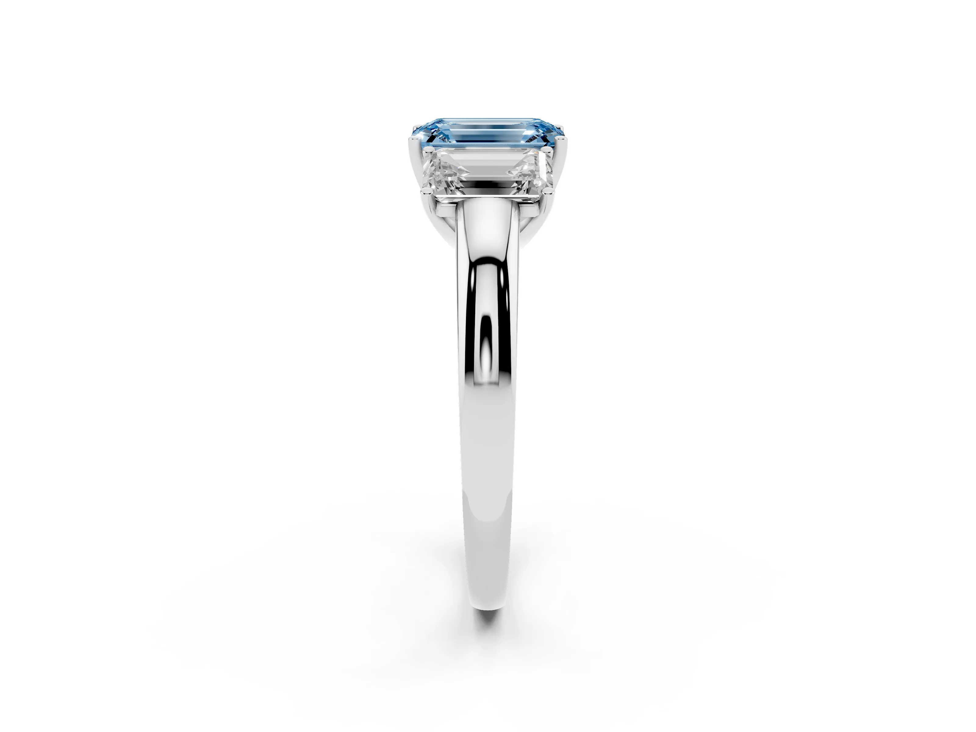 Fancy Blue Emerald Cut Diamond Three-Stone Ring Set in Silver with Bold Center and Classic Band