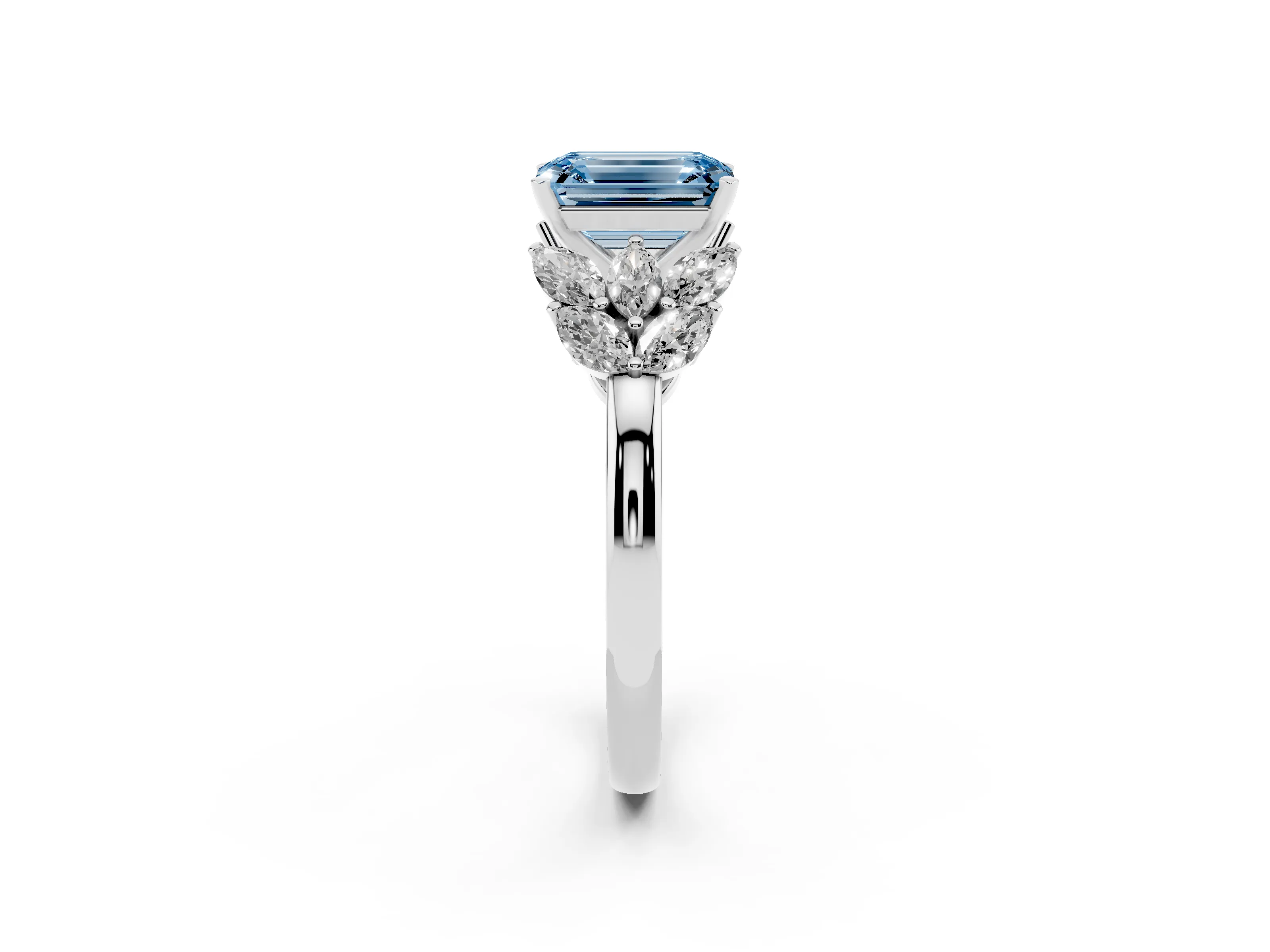 Fancy Blue Emerald Cut Diamond Cluster Leaf Design Ring Set in Platinum with Prong Setting