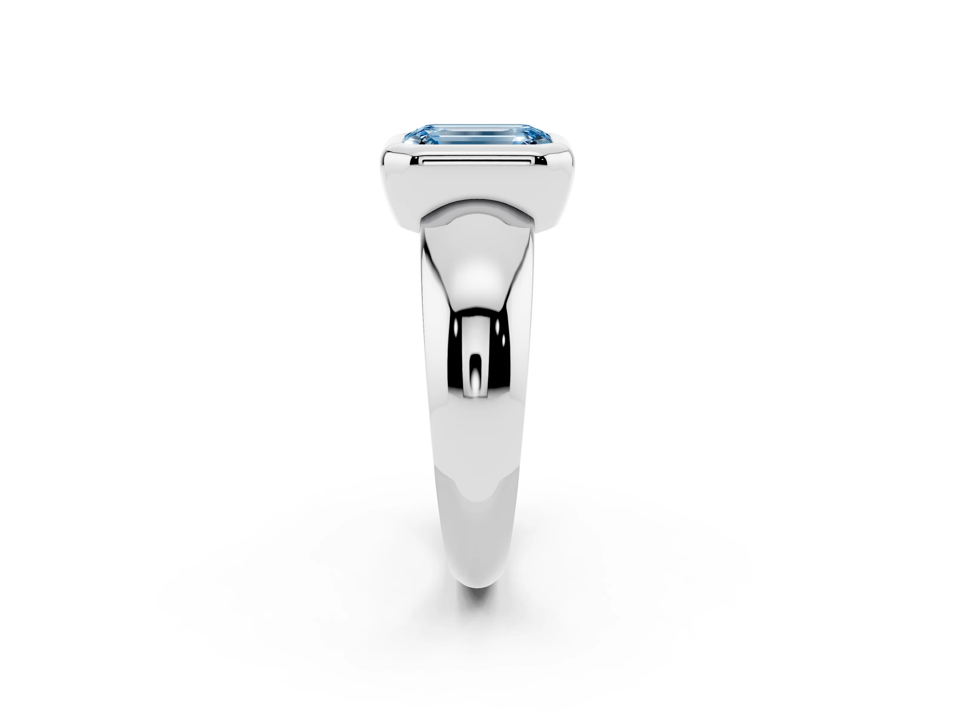 Fancy Blue Bezel Set Emerald Cut Diamond Solitaire Ring Set in White gold with Wide Band