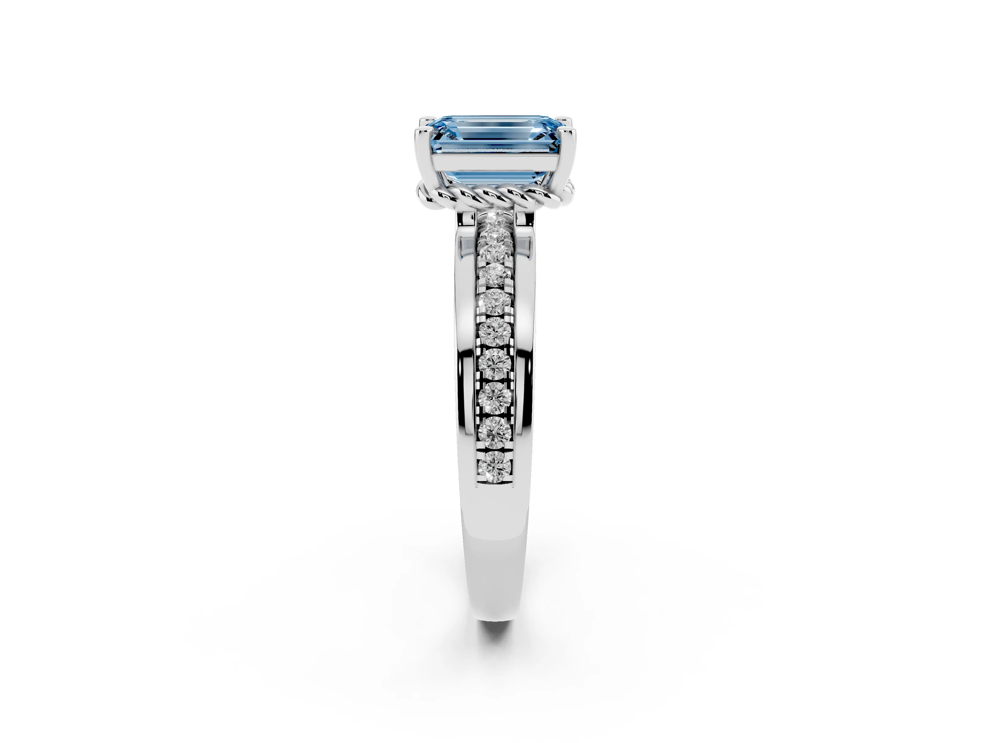 Fancy Blue Emerald Cut Diamond Solitaire Ring Set in White gold with Channel Set Band and Prong Setting