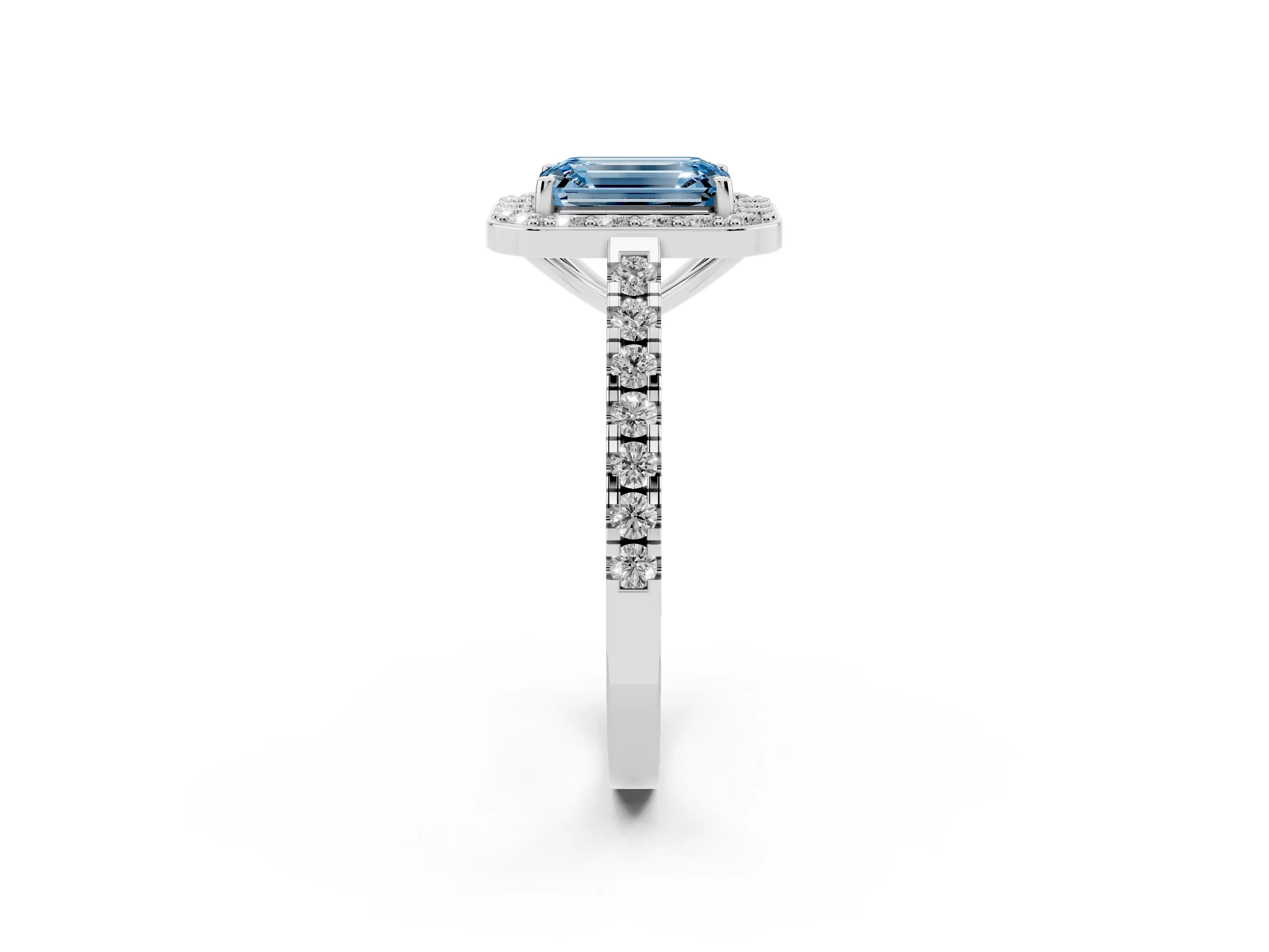 Fancy Blue Emerald Cut Diamond Halo Ring Set in Silver with Round Pavé Split Shank and Prong Setting