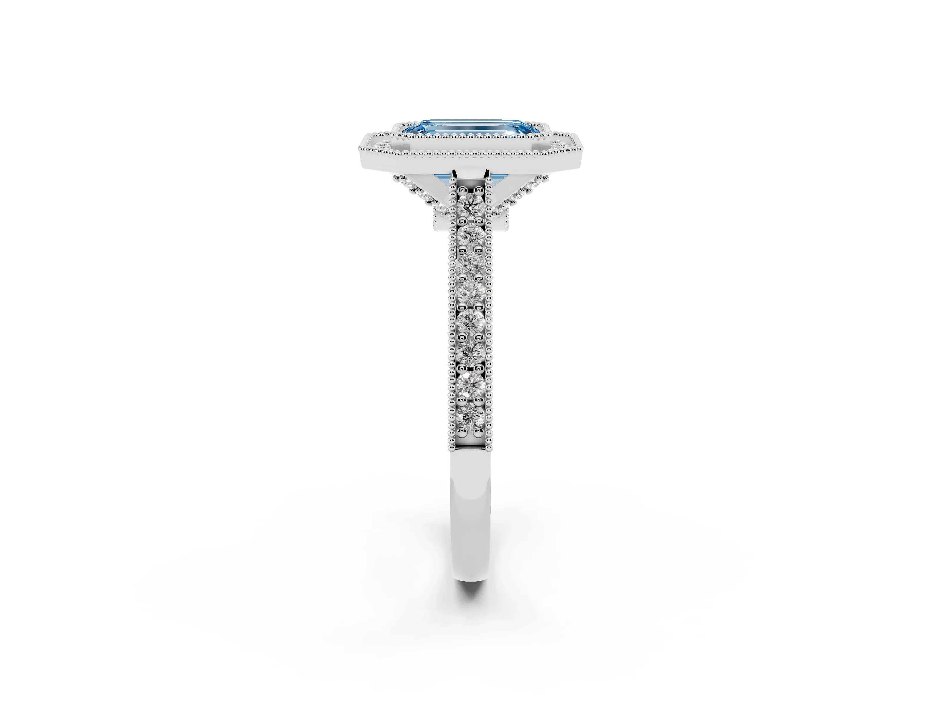 Fancy Blue Emerald Cut Diamond Halo Milgrain Pavé Band Ring Set in Silver with Prong Setting