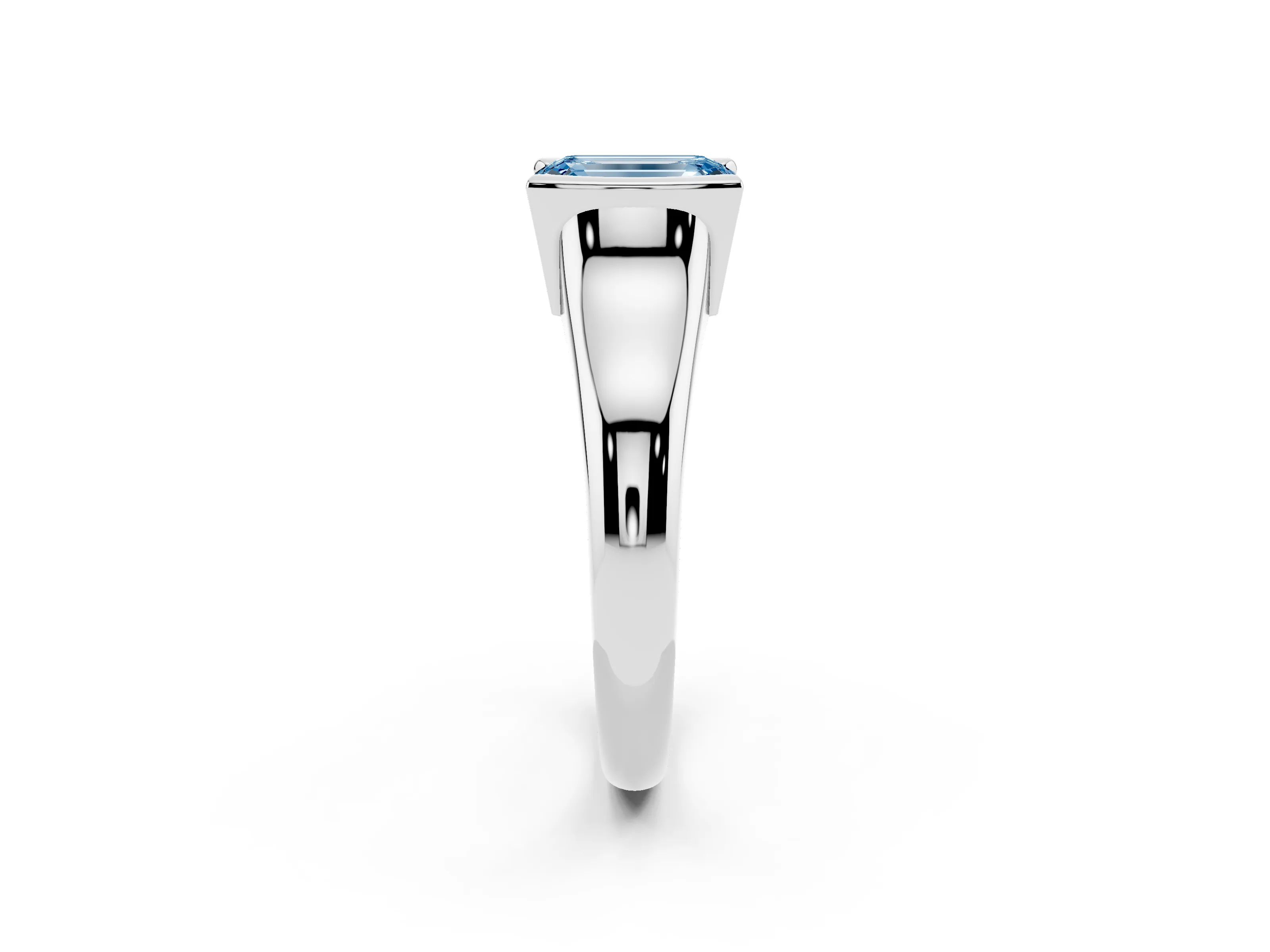 Fancy Blue Emerald Cut Diamond Solitaire Tension Set Ring Set in White gold with Split Shank Band