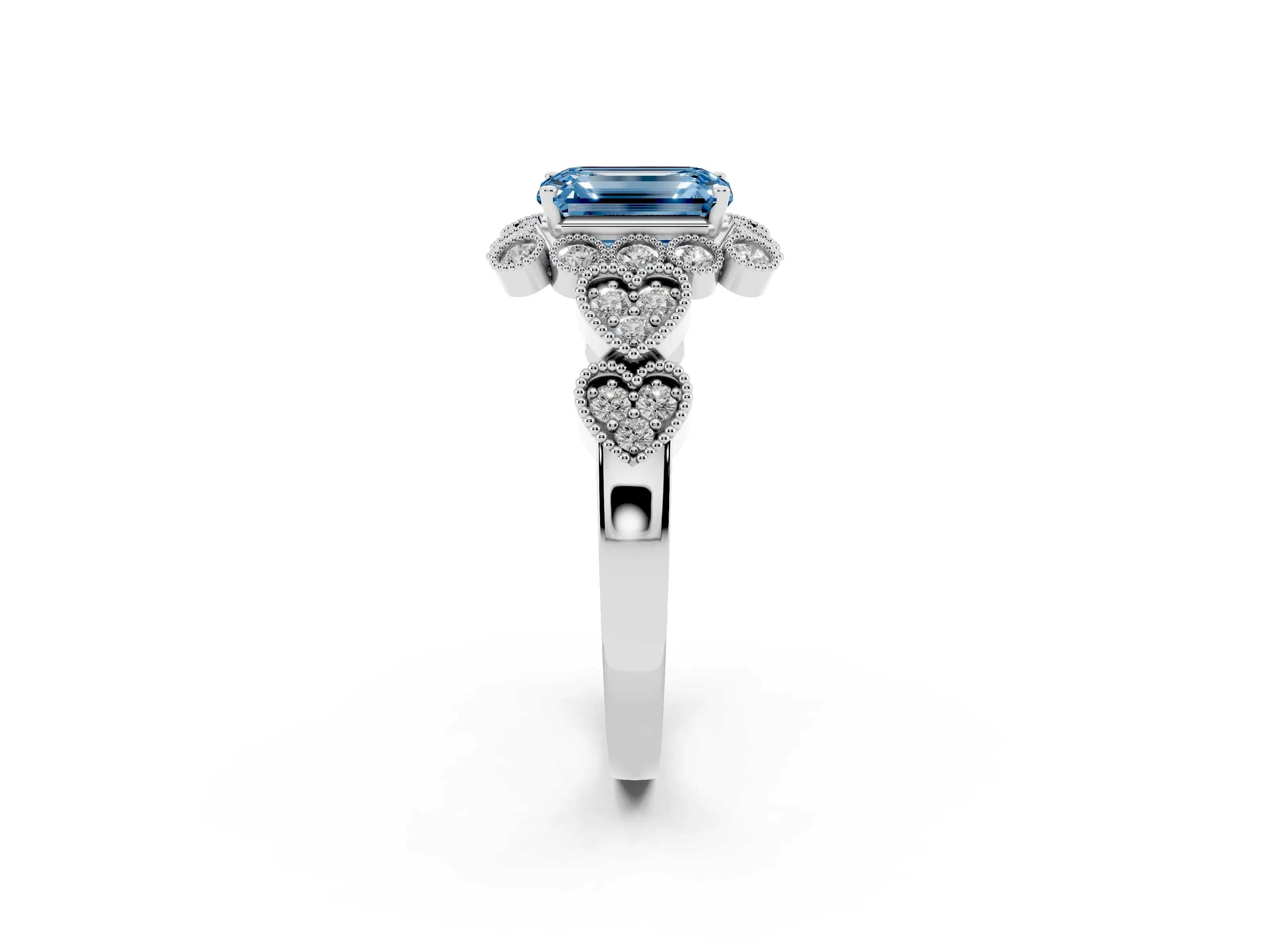Fancy Blue Emerald Cut Diamond Solitaire Ring Set in Platinum with Milgrain Pavé Heart Band