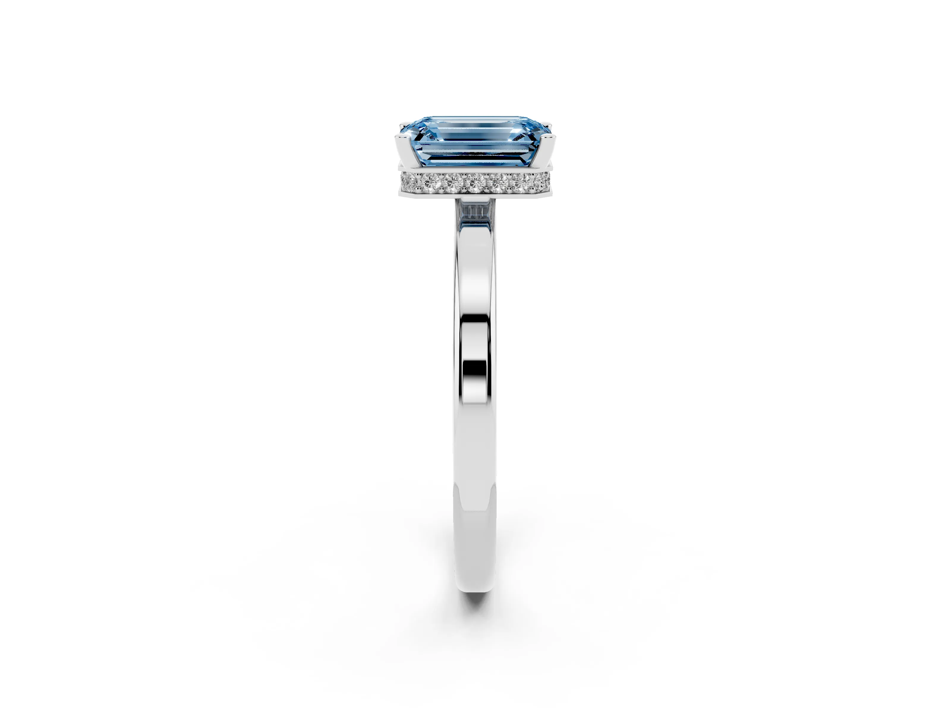 Fancy Blue Emerald Cut Diamond Solitaire Engagement Ring Set in Platinum with Prong Setting on a Plain Band
