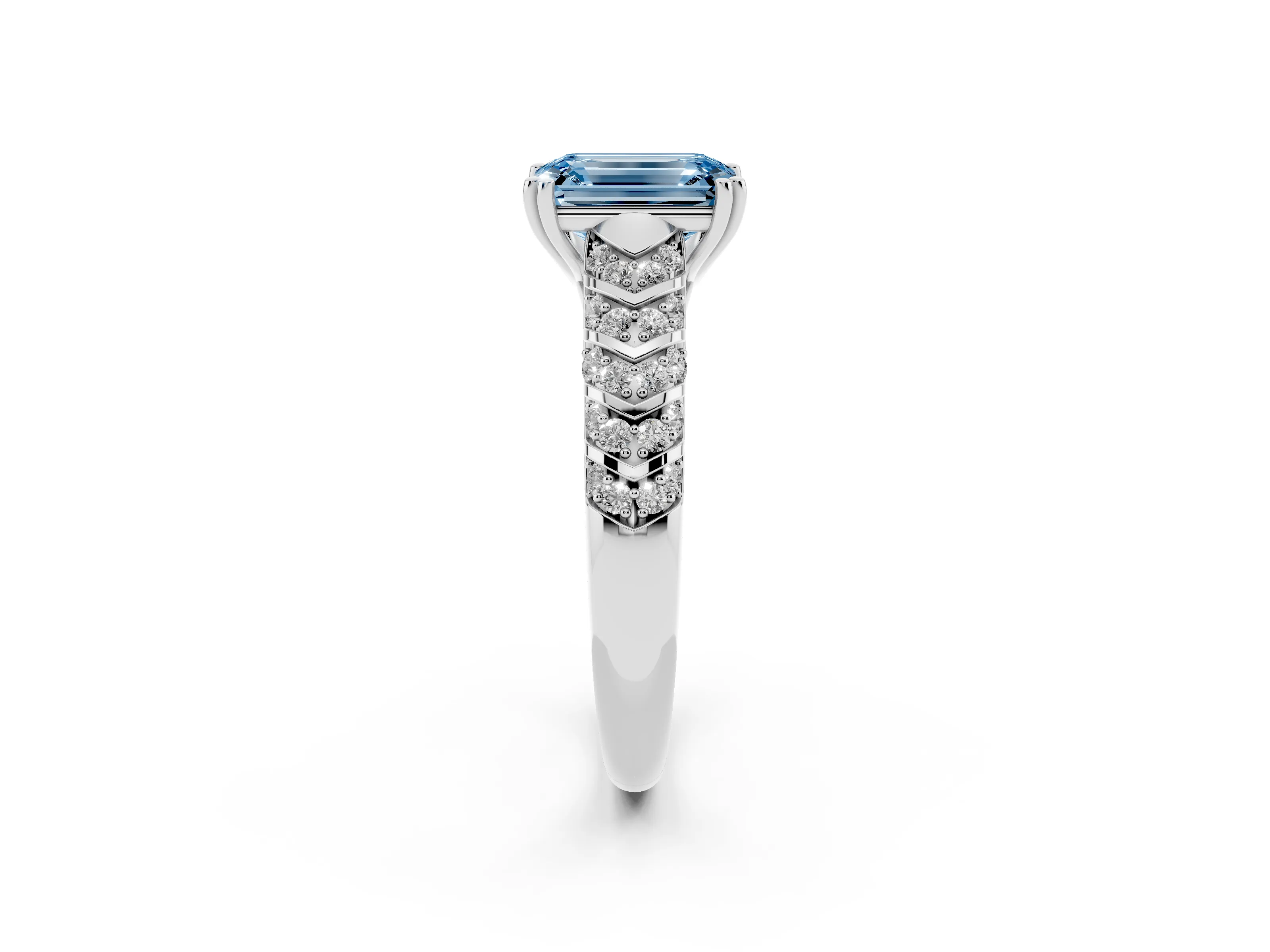 Fancy Blue Emerald Cut Diamond Solitaire Chevron Pavé Engagement Ring Set in Platinum with Prong Setting