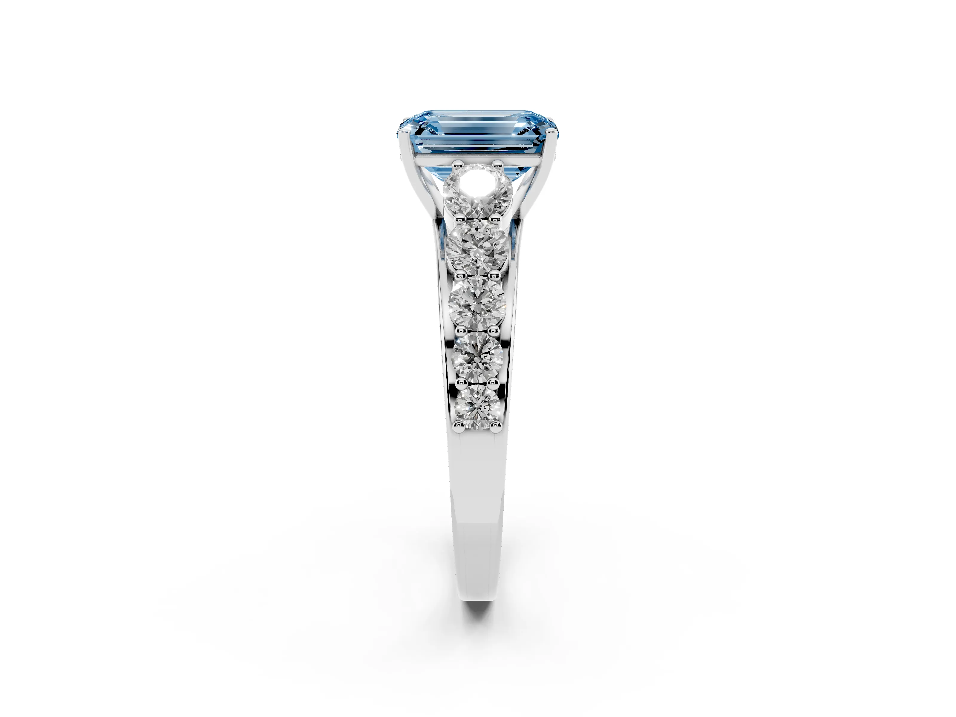 Fancy Blue Emerald Cut Diamond Solitaire Ring Set in White gold with Pavé-Set Band and Prong Setting