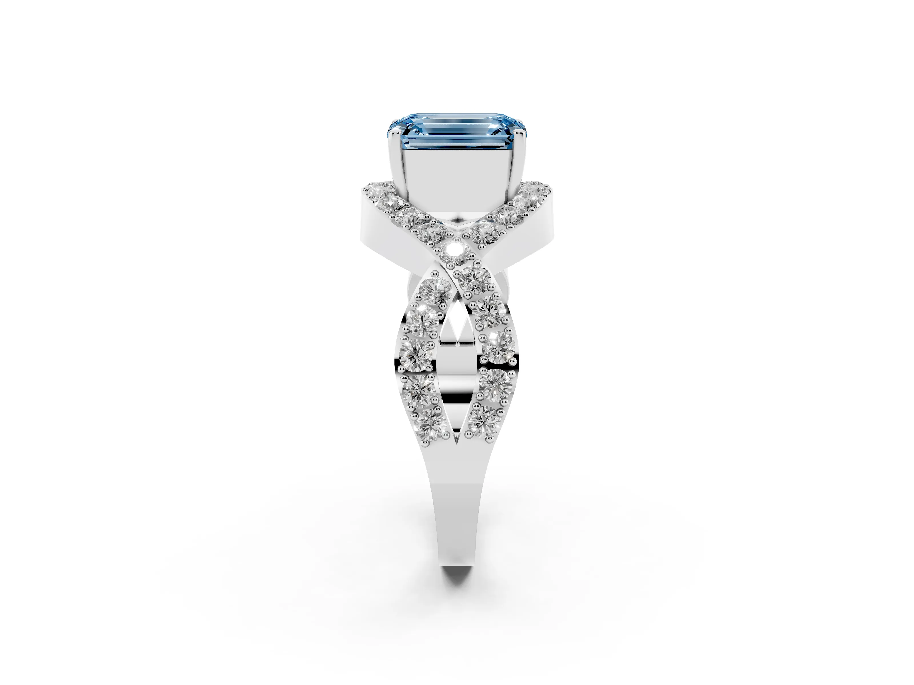 Fancy Blue Emerald Cut Diamond Solitaire Twist Band Pavé Engagement Ring Set in White gold