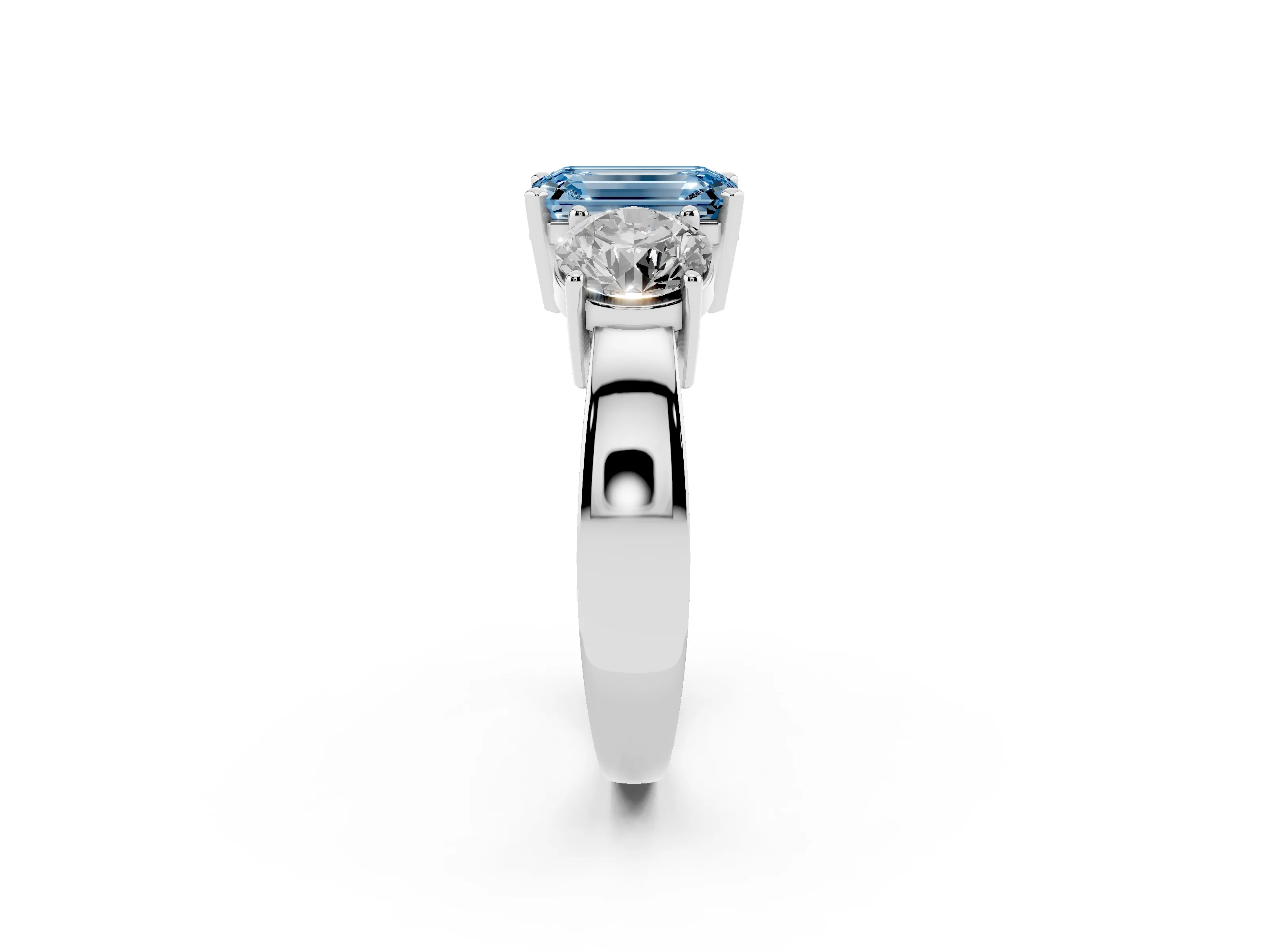Fancy Blue Emerald Cut Diamond Three-Stone Ring Set in Platinum with Round Side Stones and Classic Band