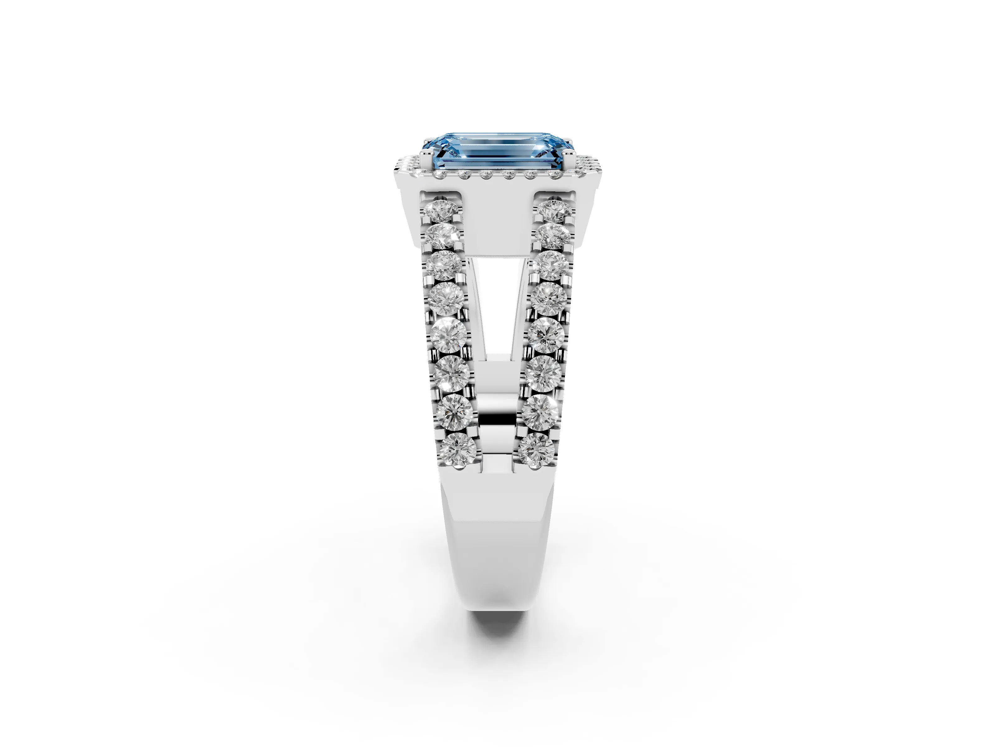 Fancy Blue Emerald Cut Diamond Halo Ring Set in White gold with Pavé Split Shank and Prong Setting