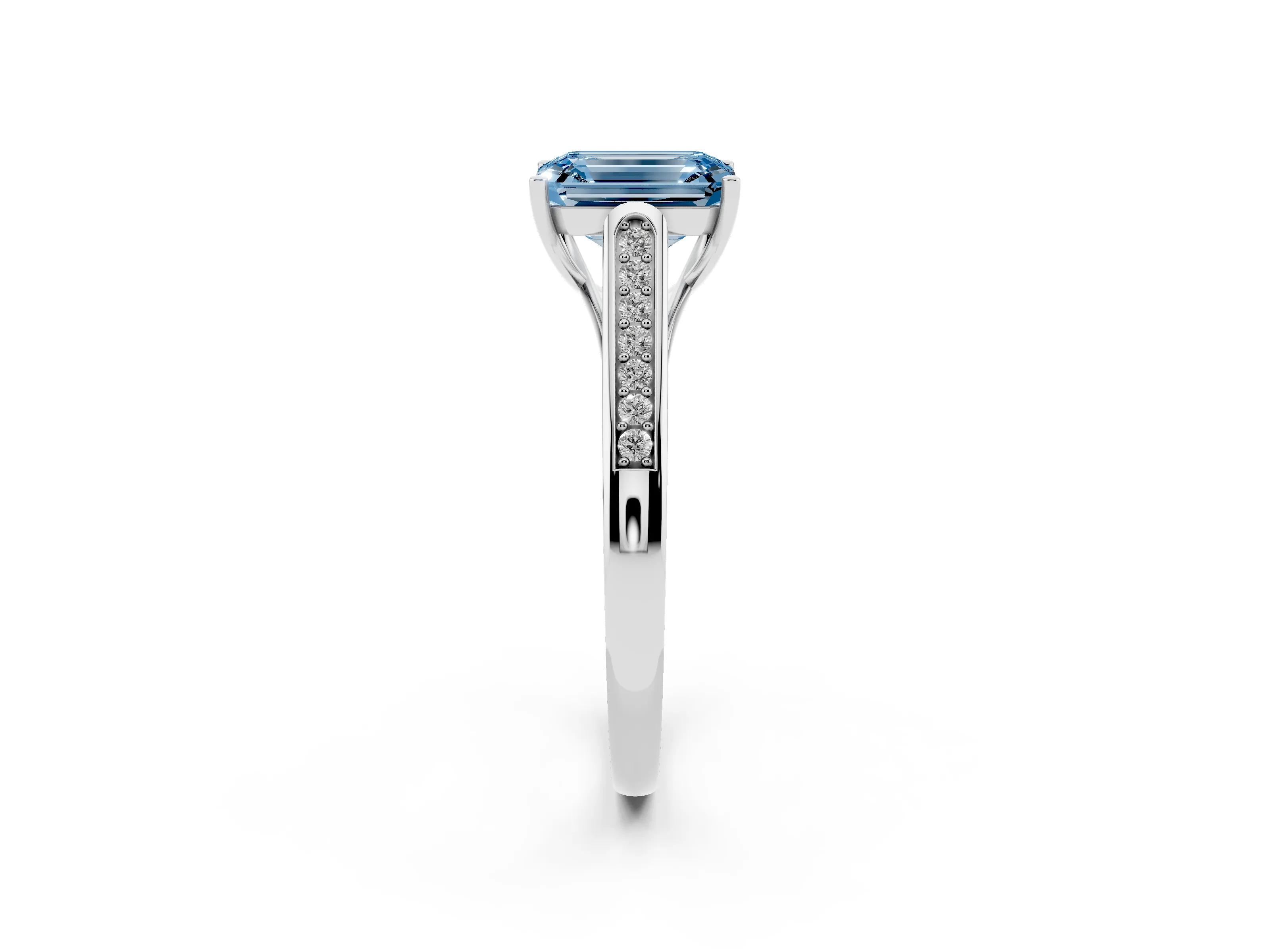 Fancy Blue Emerald Cut Diamond Solitaire Cathedral Engagement Ring Set in Platinum with Channel-Set Band and Prong Setting