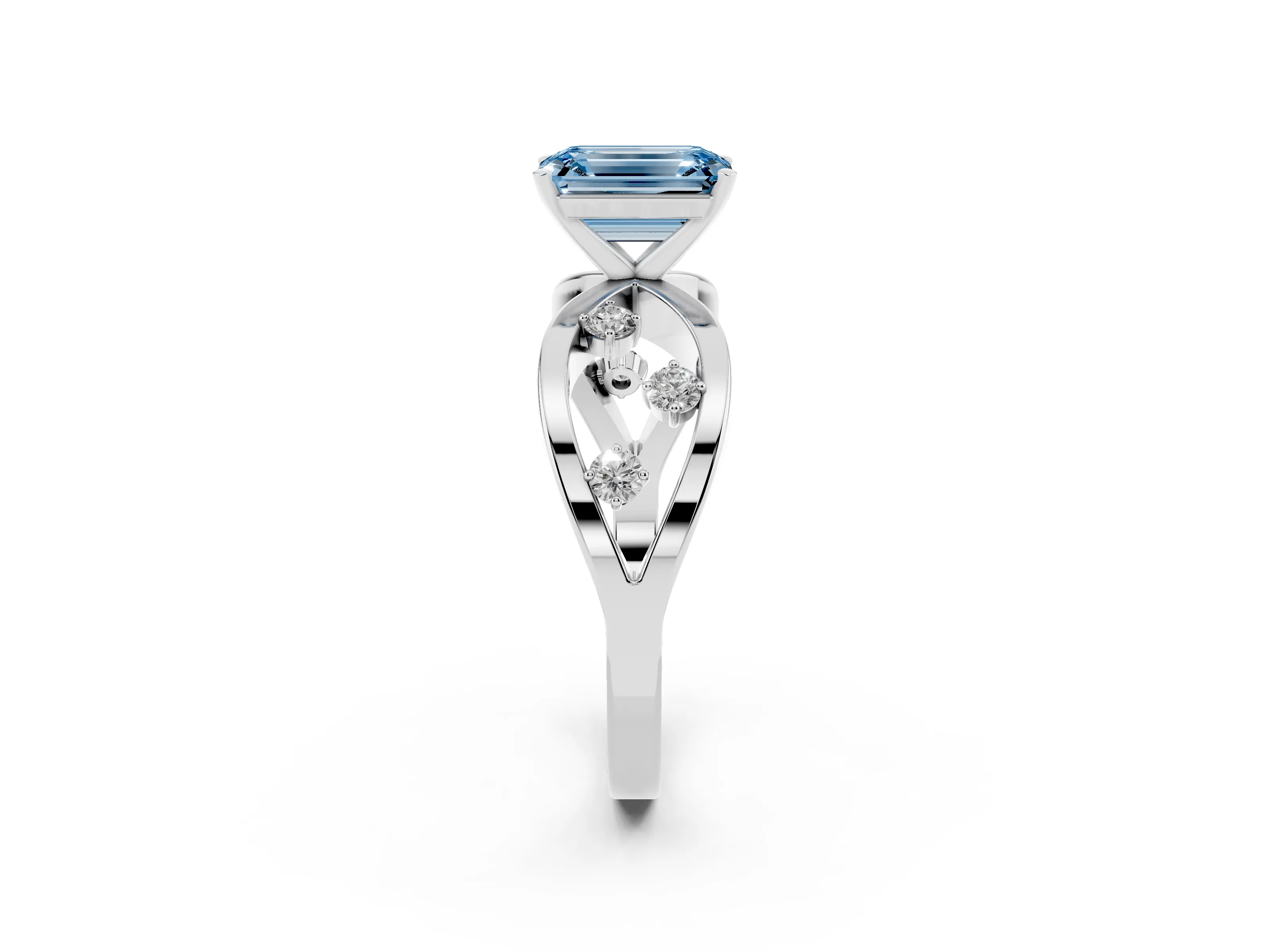 Fancy Blue Emerald Cut Diamond Solitaire Ring Set in Platinum with Side Stones on Criss-Cross Band and Prong Setting