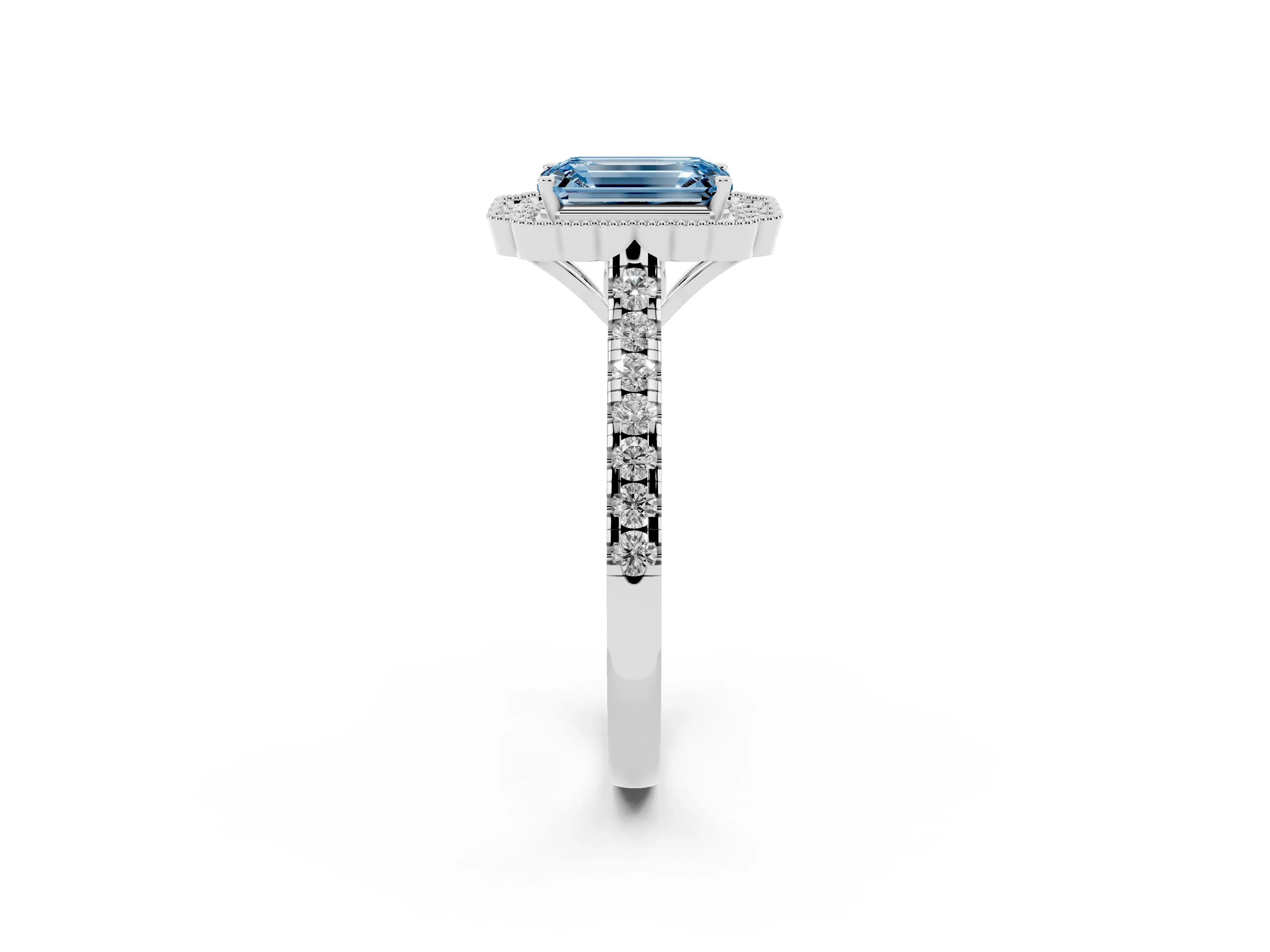 Fancy Blue Emerald Cut Diamond Milgrain Floral Halo Engagement Ring Set in White gold with Pavé Band