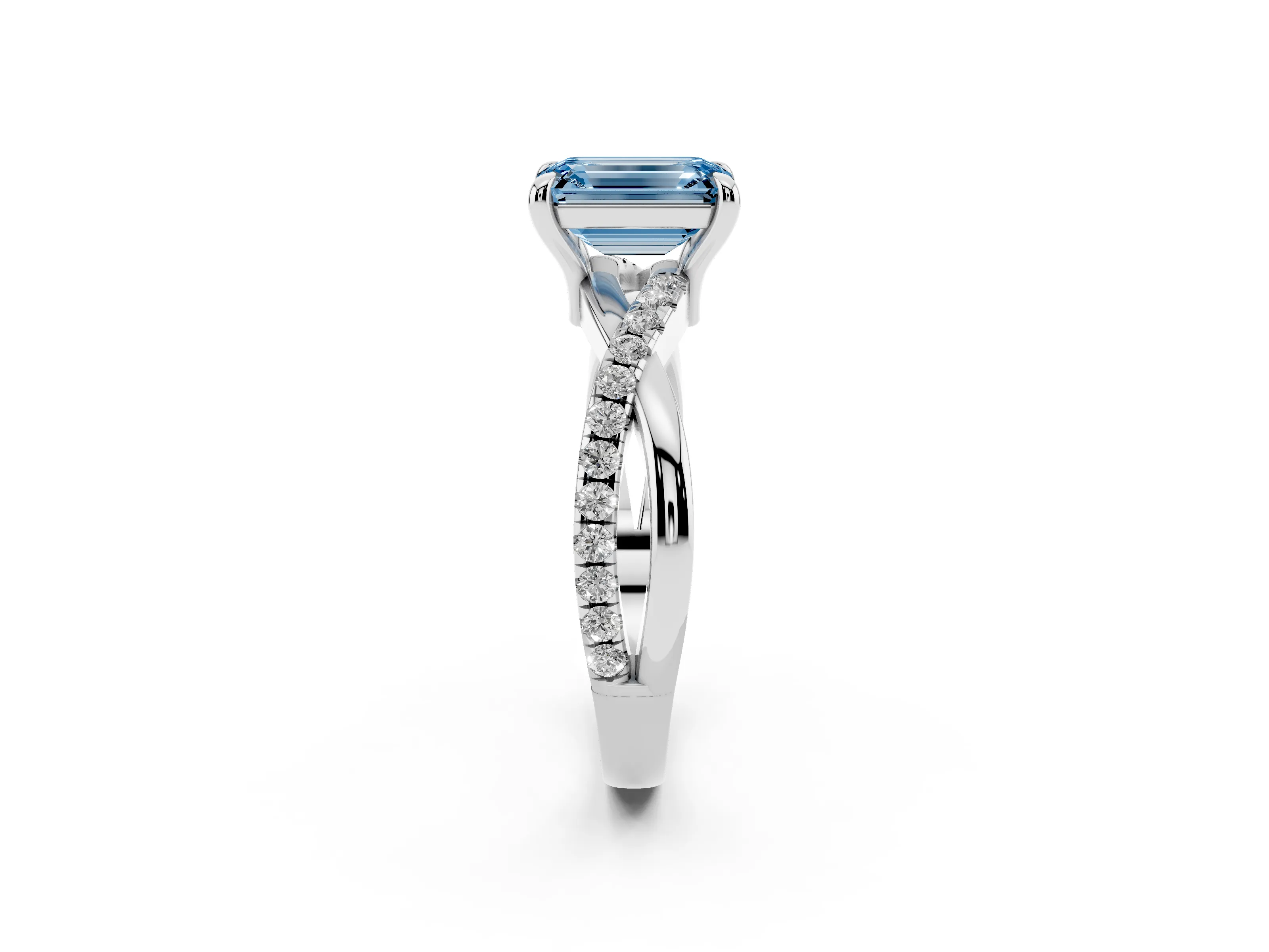Fancy Blue Emerald Cut Diamond Twist Band Pavé Solitaire Ring Set in Silver with Prong Setting
