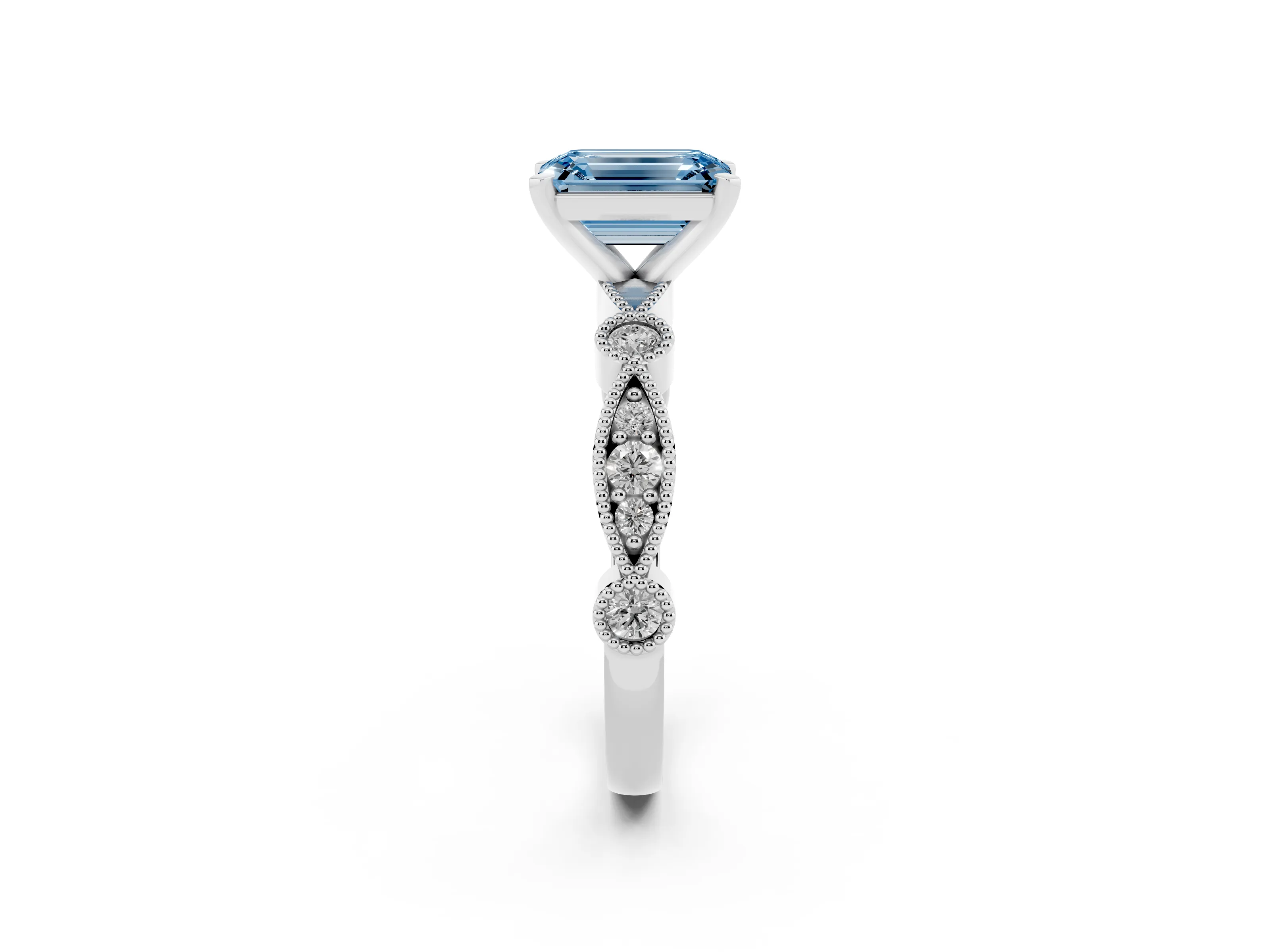 Fancy Blue Emerald Cut Diamond Solitaire Engagement Ring Set in White gold with Milgrain Bezel Accent Band
