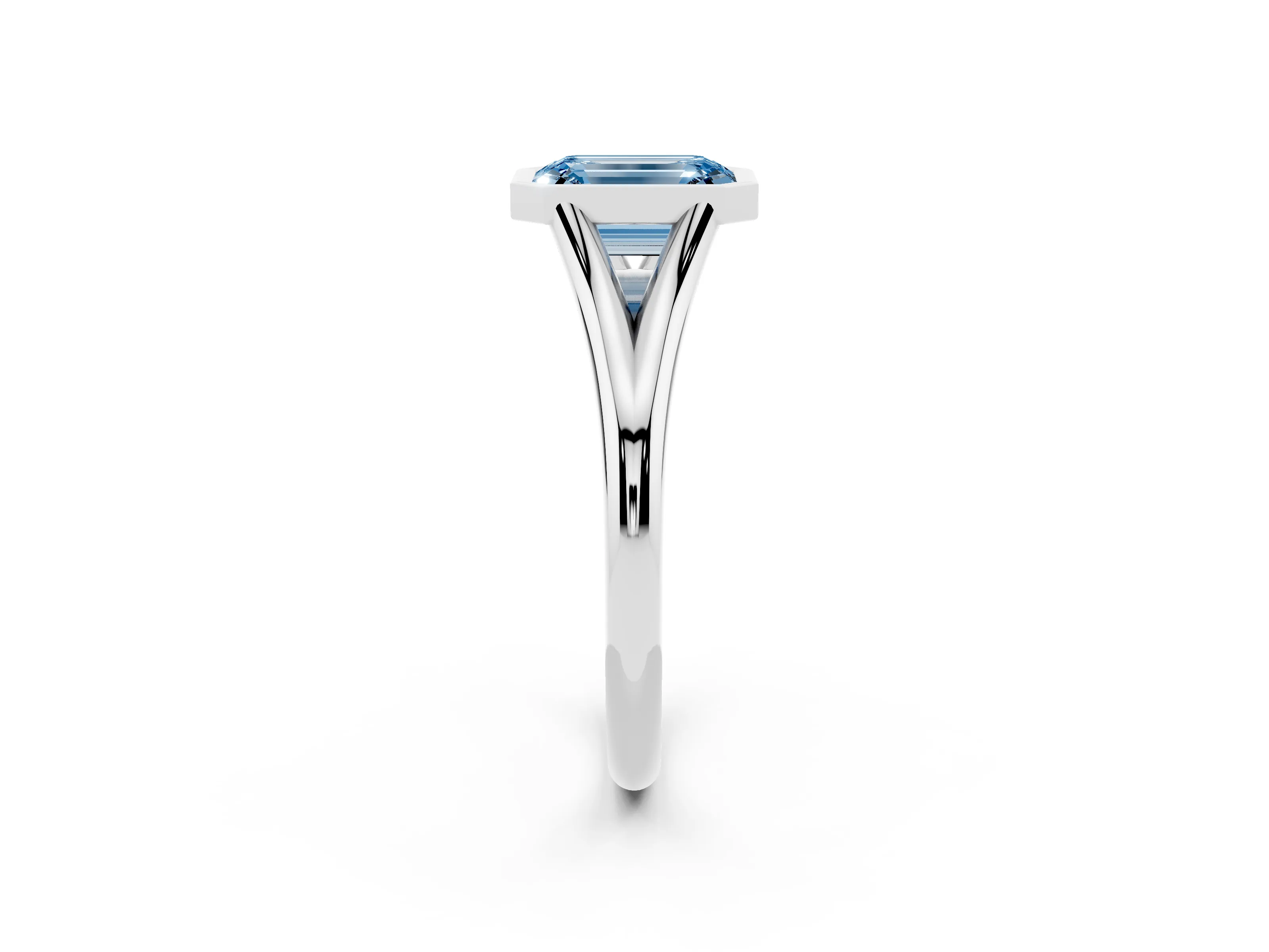 Fancy Blue Bezel Set Emerald Cut Diamond Solitaire Ring Set in Platinum with Tapered Band