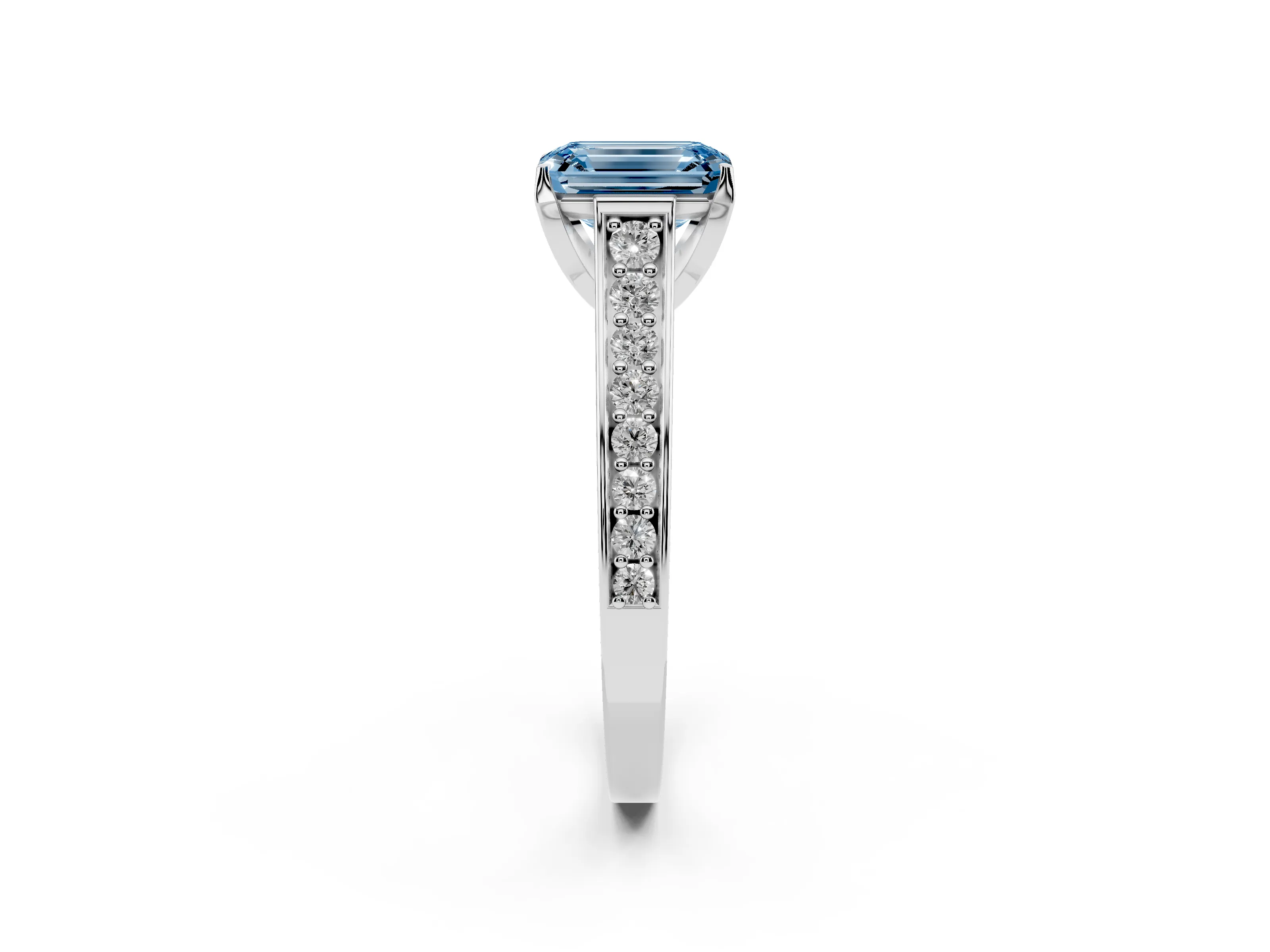 Fancy Blue Emerald Cut Diamond Solitaire Pavé Engagement Ring Set in White gold with Prong Setting