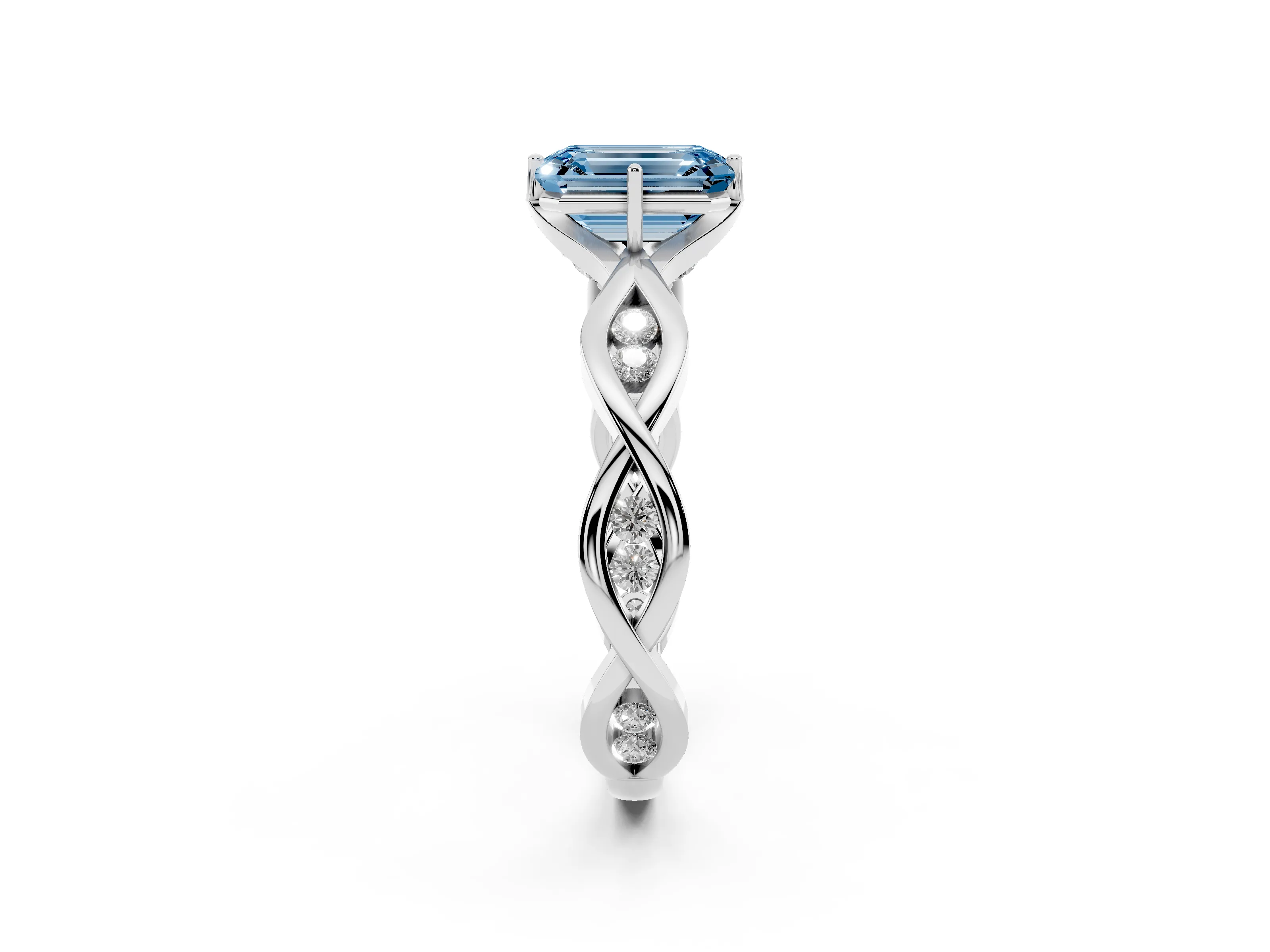 Fancy Blue Emerald Cut Diamond Twist Band Solitaire Ring Set in Silver with Leaf Prong Setting and Accent Stones