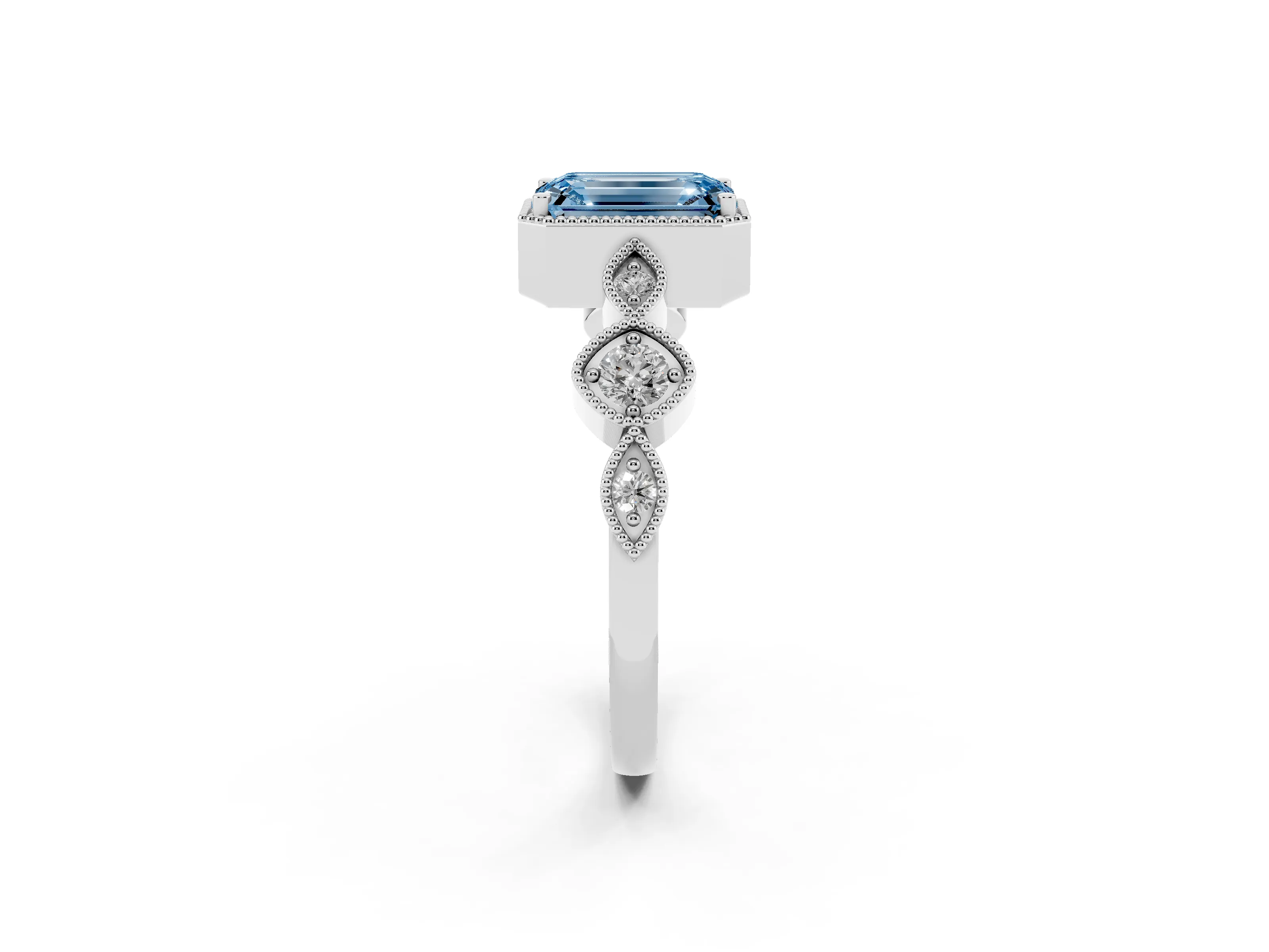 Fancy Blue Emerald Cut Diamond Vintage-Inspired Milgrain Ring Set in Platinum with Marquise Stations of Round Accents