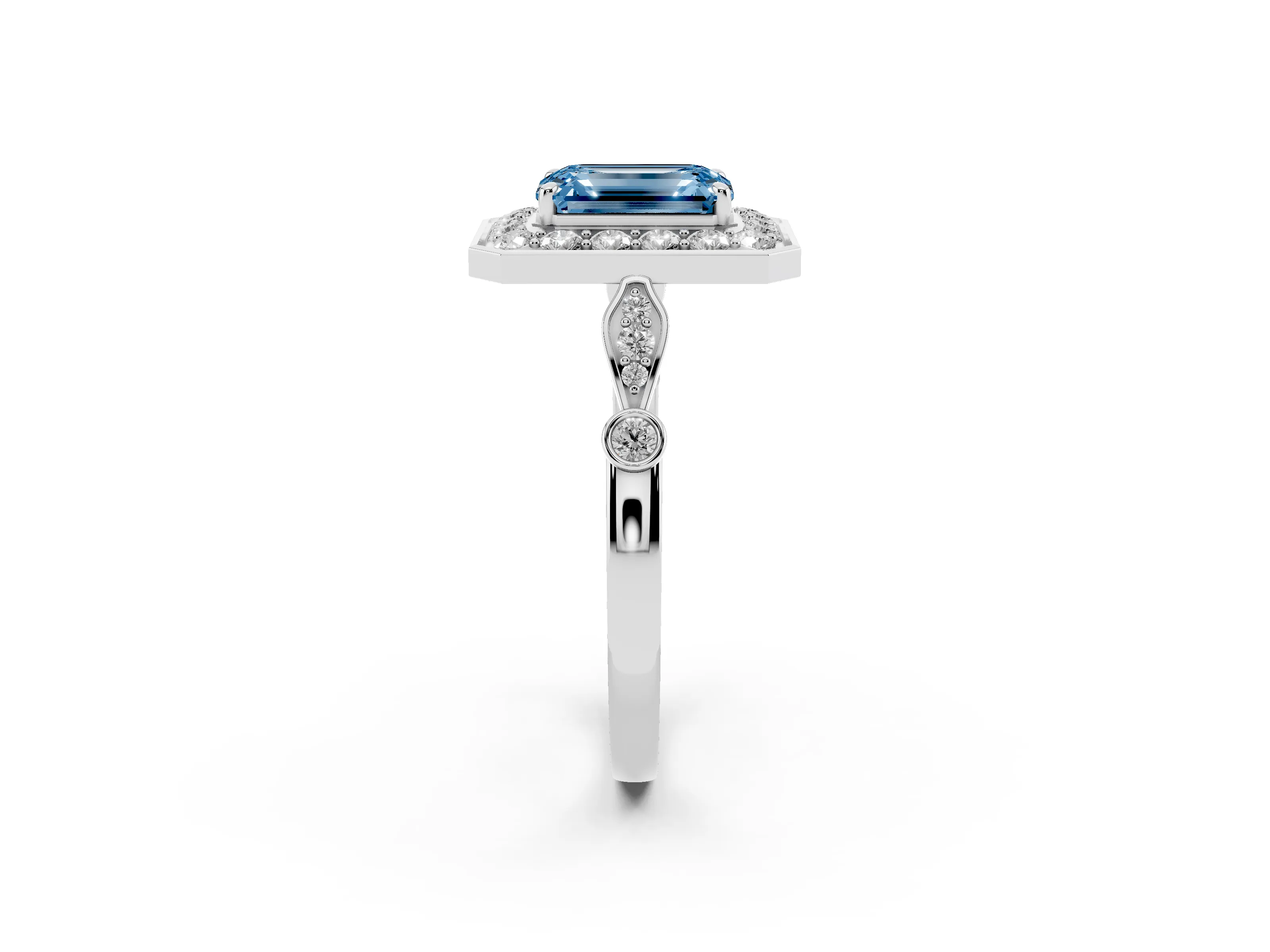 Fancy Blue Emerald Cut Diamond Halo Engagement Ring Set in Silver with Twisted Band and Prong Setting