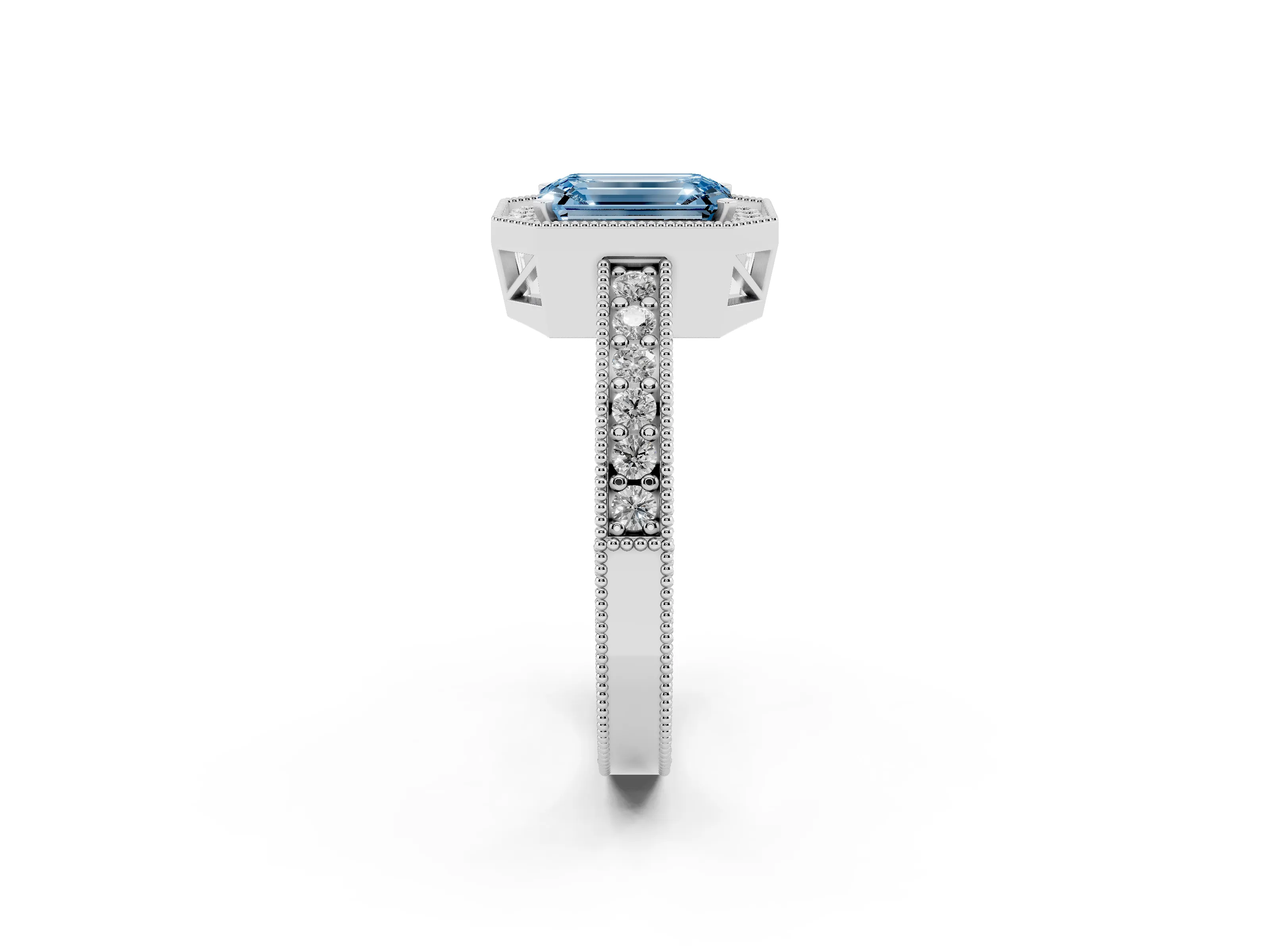 Fancy Blue Emerald Cut Diamond Halo Pavé Band Ring Set in Silver with Prong-Set Center