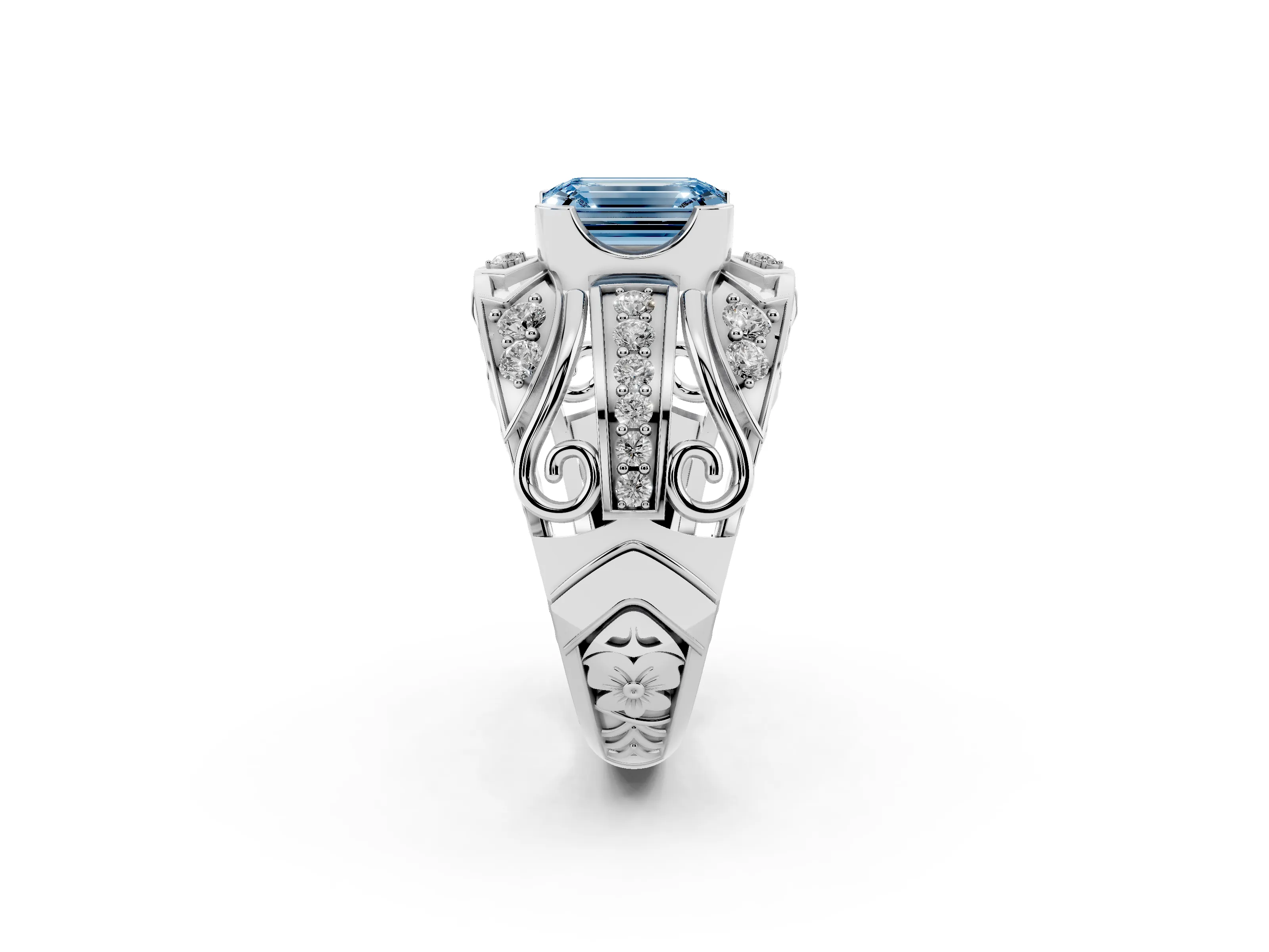 Fancy Blue Emerald Cut Diamond Art Deco Ring Set in Silver with Pavé Split Shank