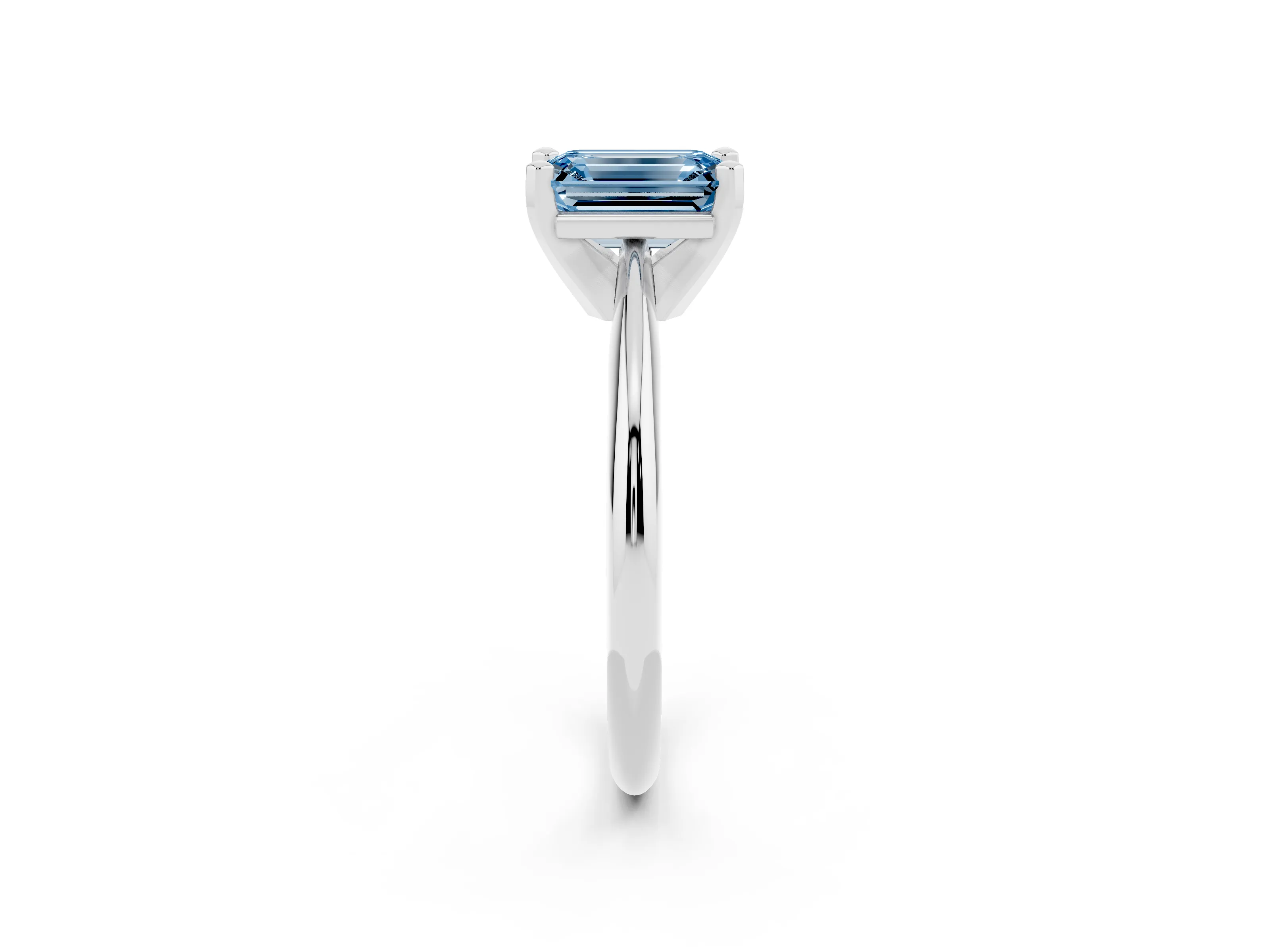 Fancy Blue Emerald Cut Diamond Solitaire Ring Set in Silver with Prong Setting on a Plain Round Band