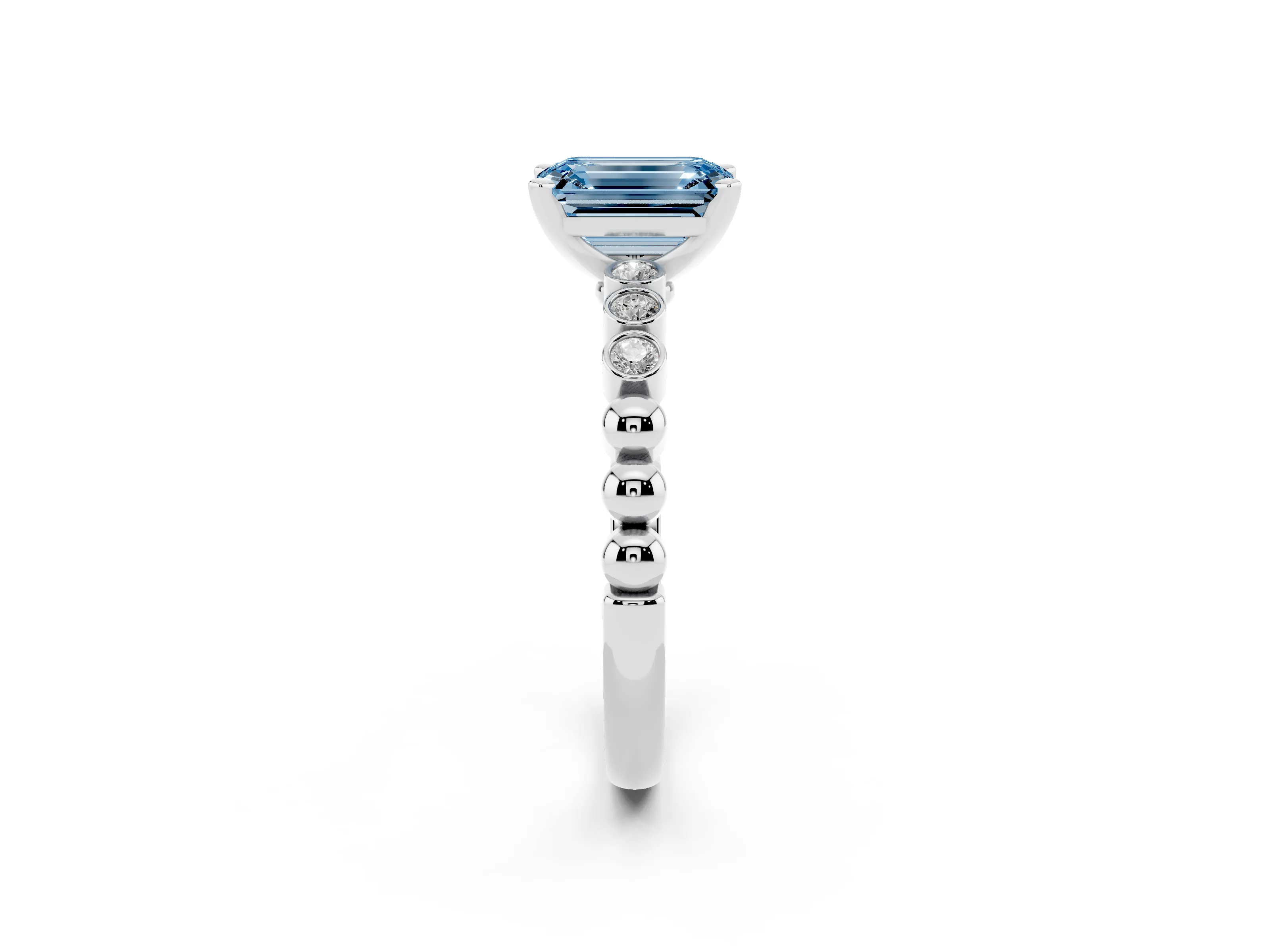Fancy Blue Emerald Cut Diamond Solitaire Engagement Ring Set in White gold with Bezel Accents on Beaded Band