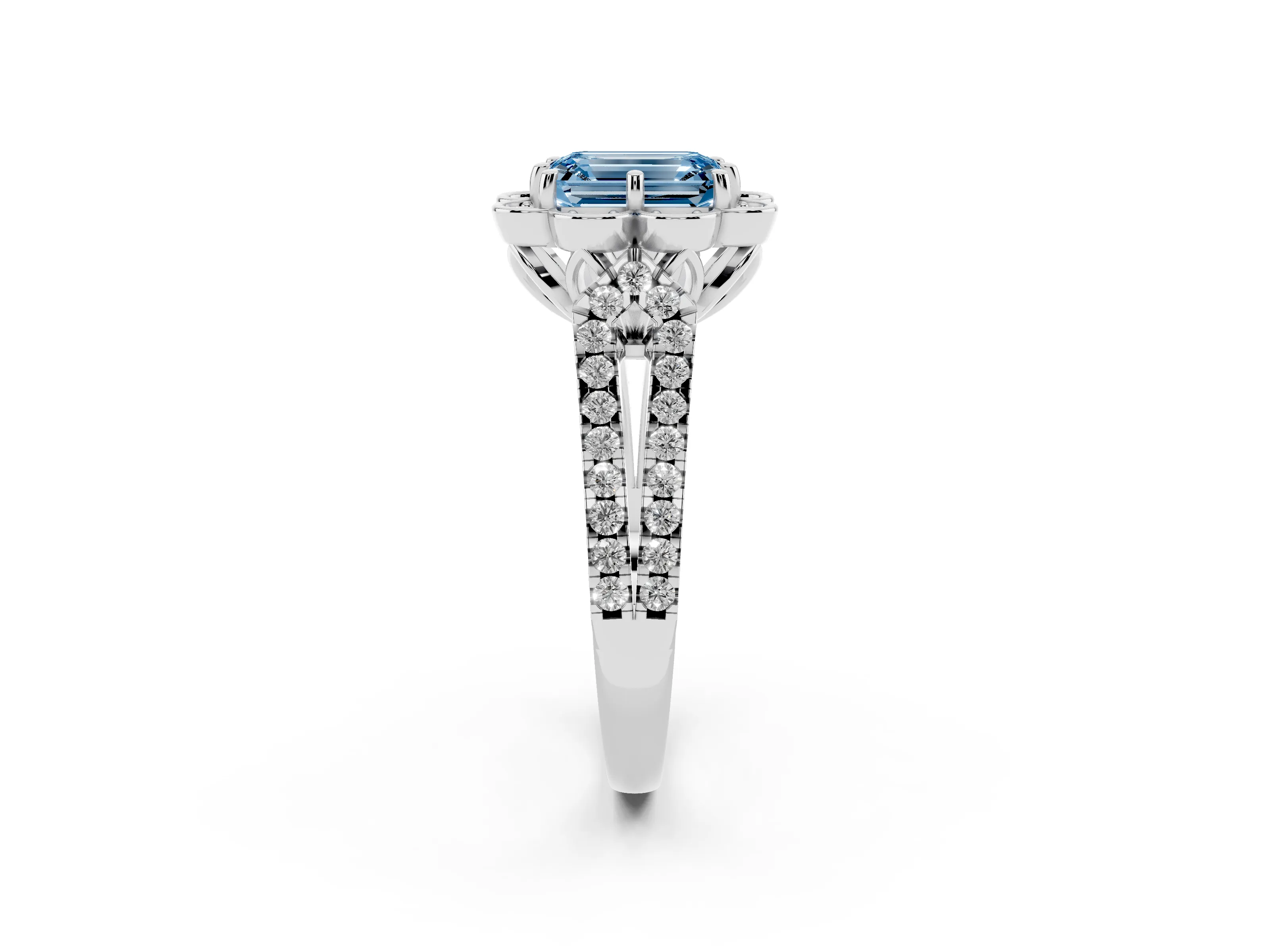 Fancy Blue Emerald Cut Diamond Floral Halo Split Shank Engagement Ring Set in Platinum with Pavé Shank