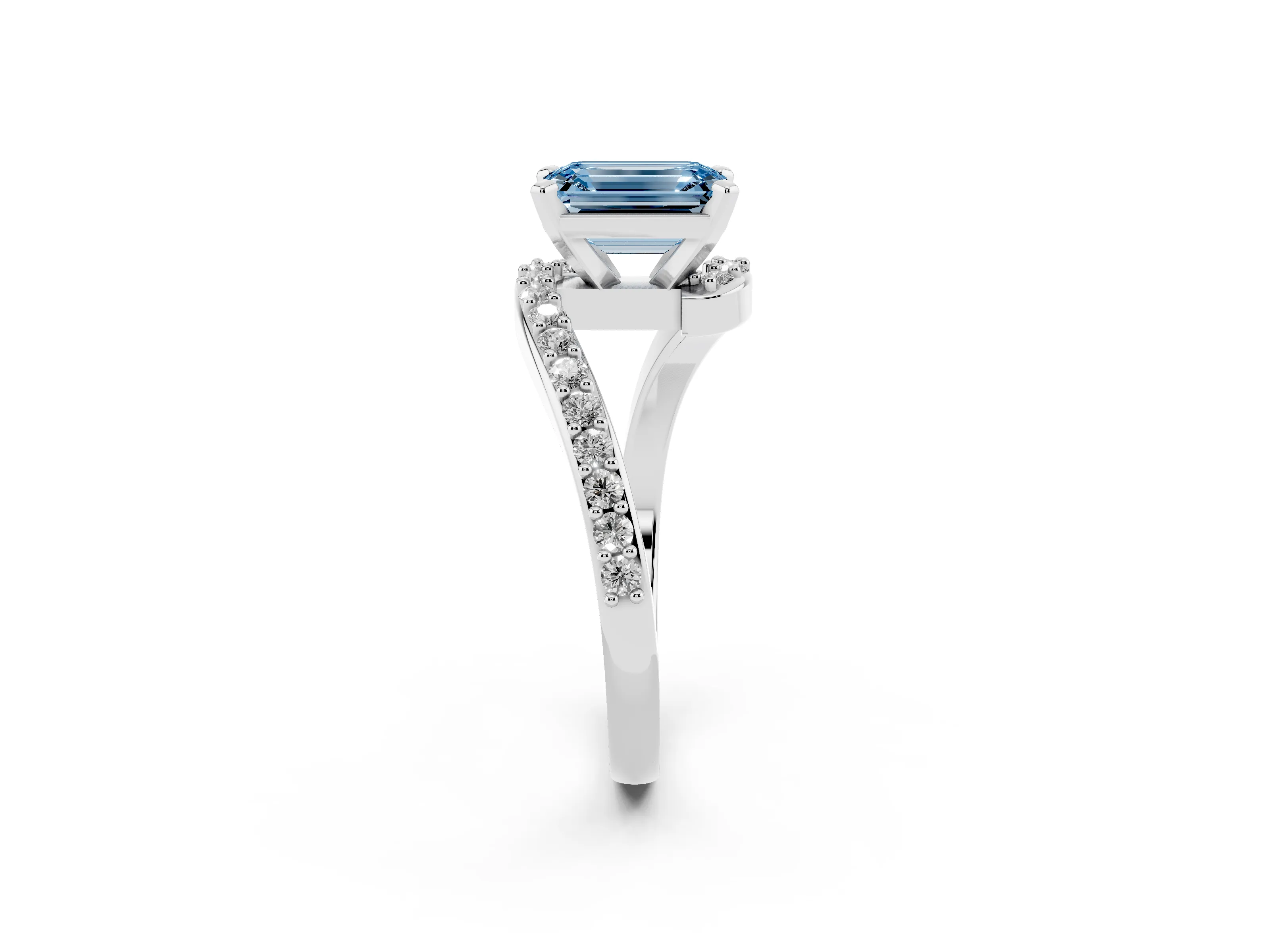 Fancy Blue Emerald Cut Diamond Solitaire Ring Set in Platinum with Pavé Twist Band and Prong Setting