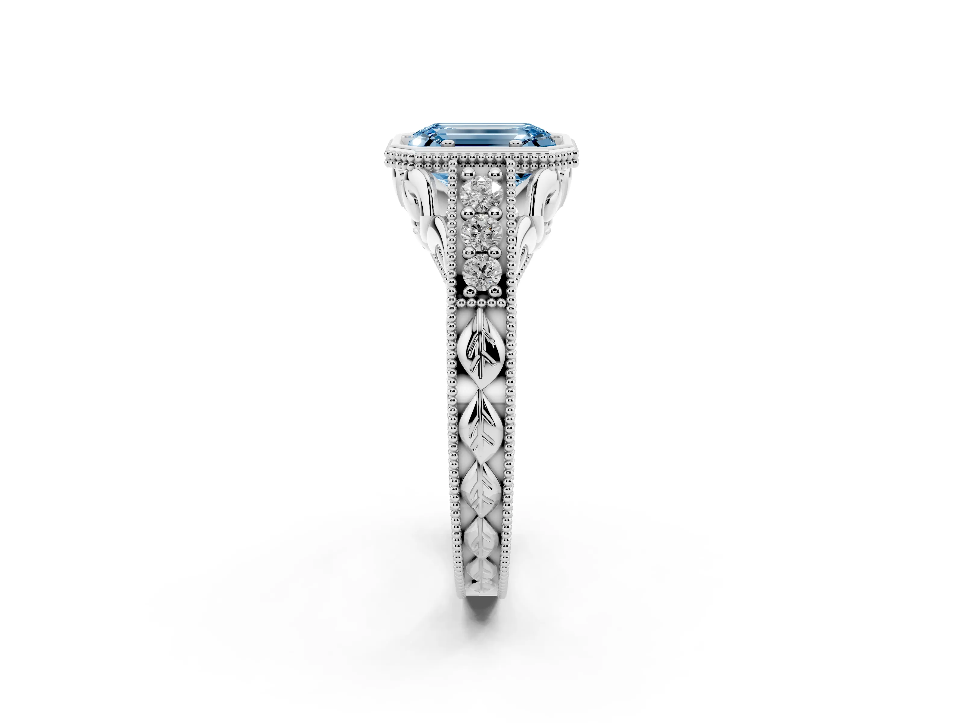 Fancy Blue Bezel Set Emerald Cut Diamond Milgrain Pavé Engagement Ring Set in Silver