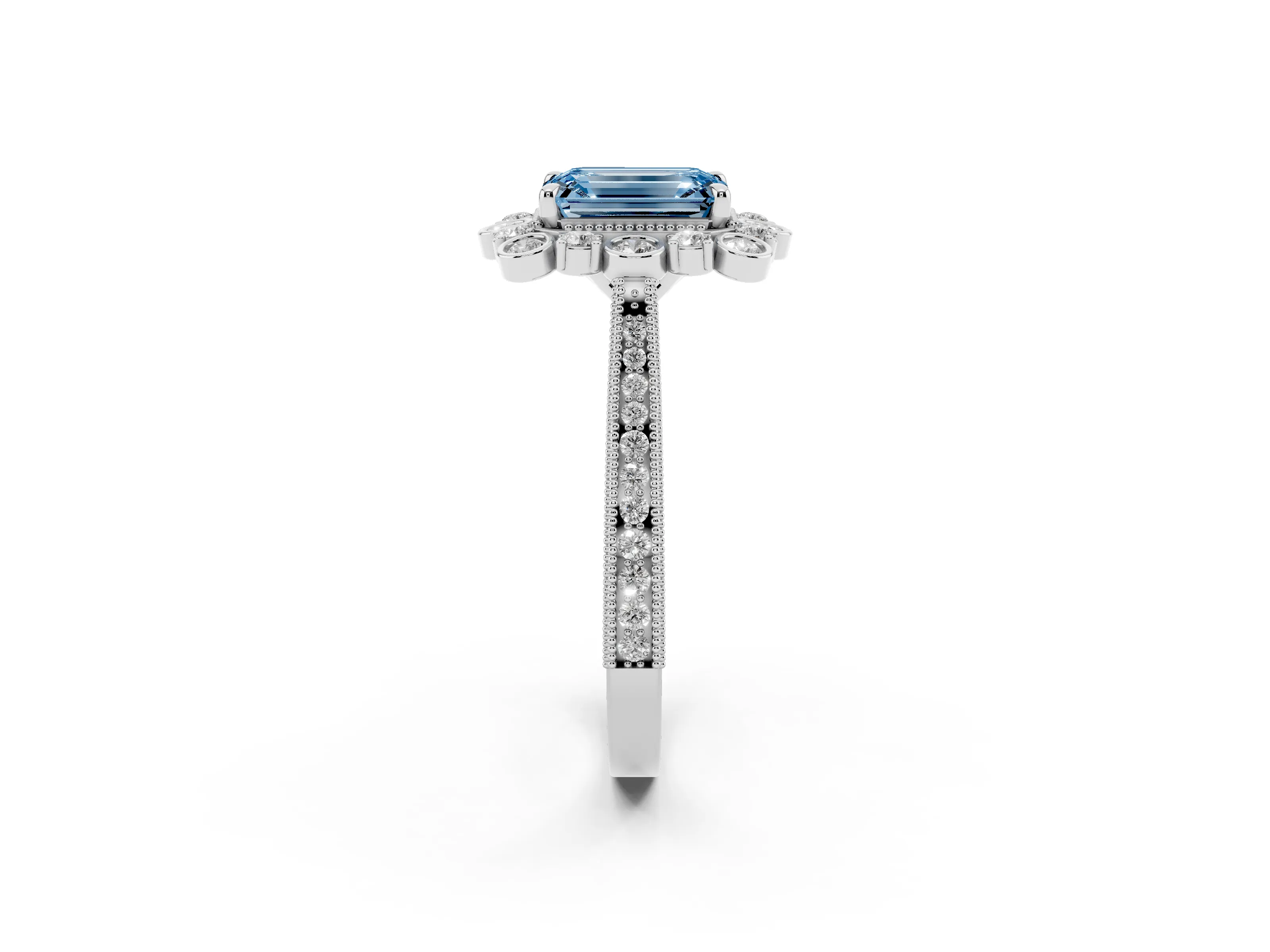 Fancy Blue Emerald Cut Diamond Halo Milgrain Pavé Ring Set in White gold with Prong Setting