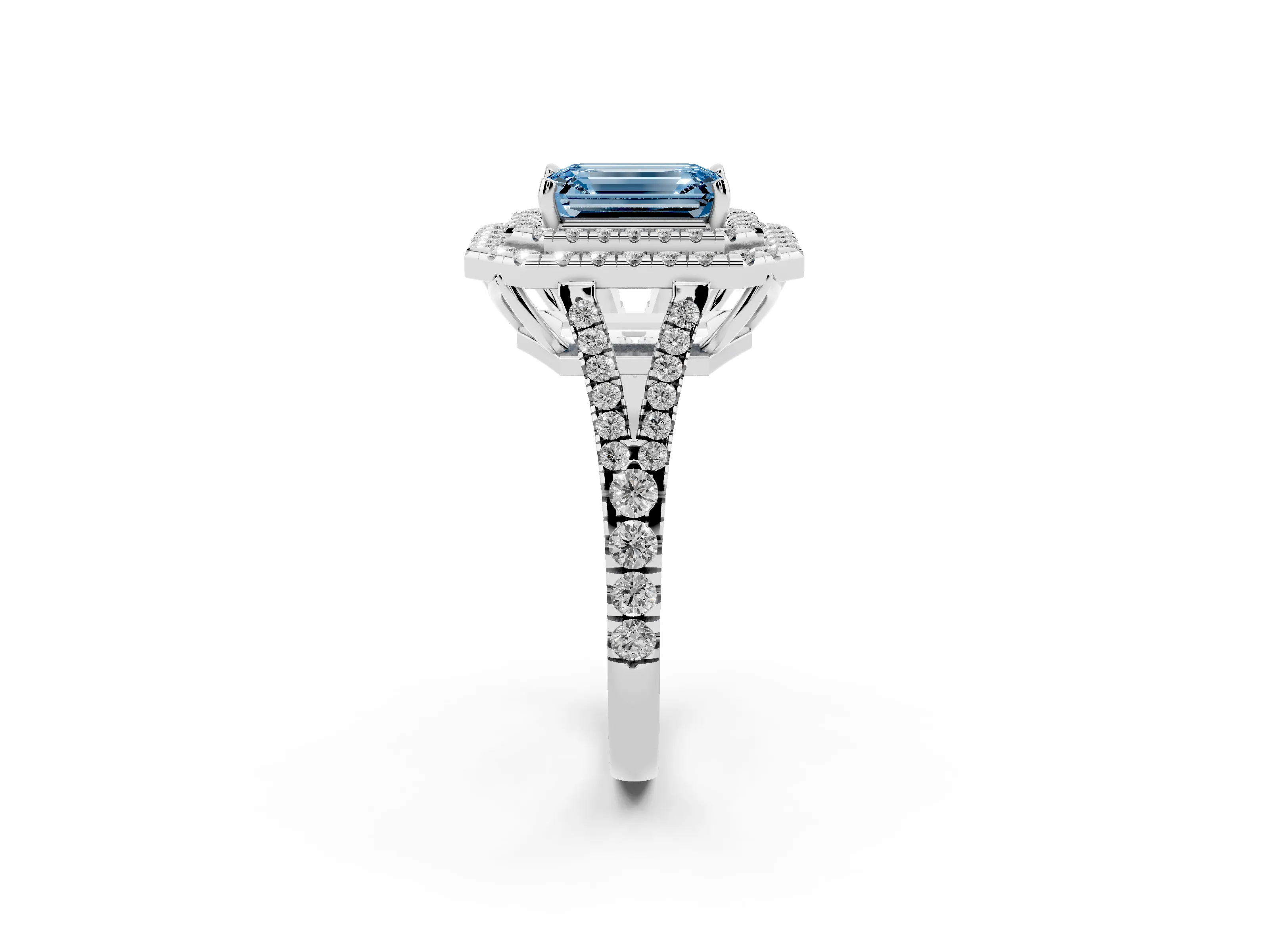Fancy Blue Emerald Cut Diamond Double Halo Ring Set in White gold with Pavé Band